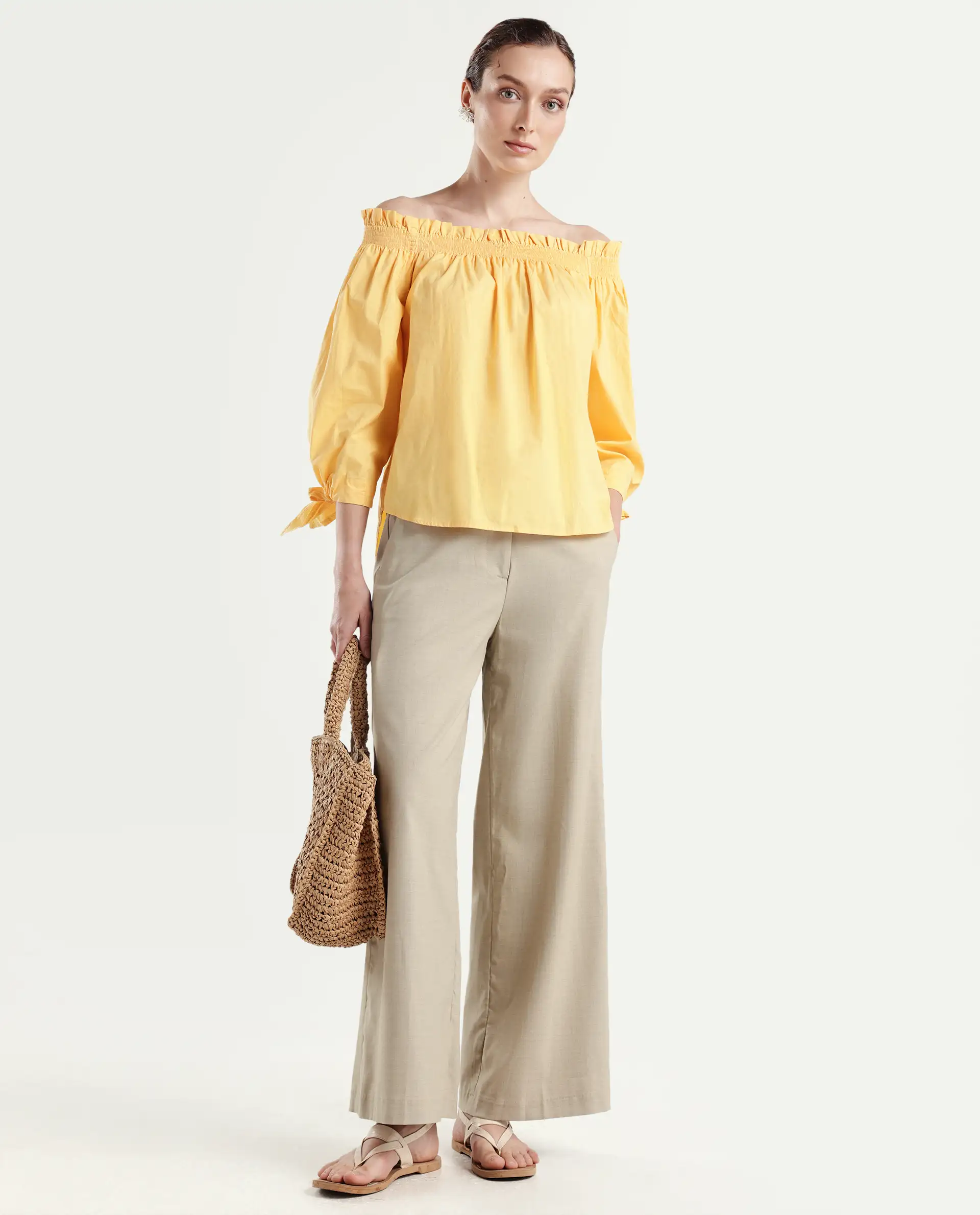 Rareism Womens Evenin Yellow Top Cotton Fabric Loose Fit Cold Shoulder Sleeve - Image 2