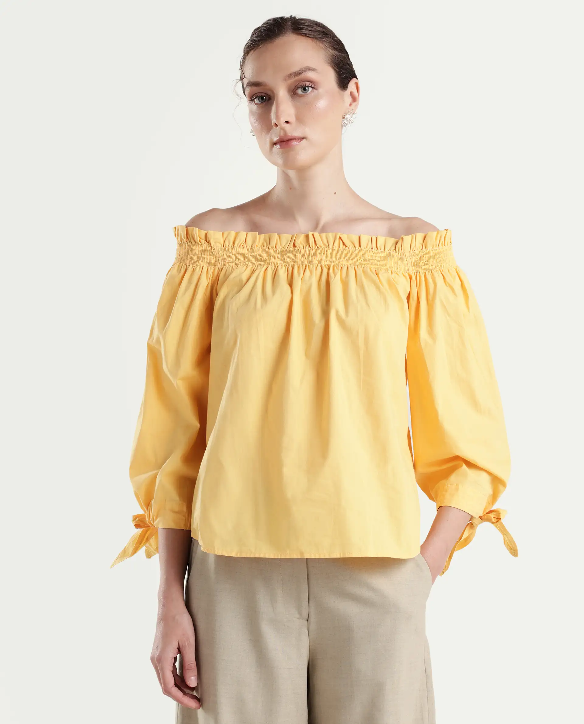 Rareism Womens Evenin Yellow Top Cotton Fabric Loose Fit Cold Shoulder Sleeve - Image 3