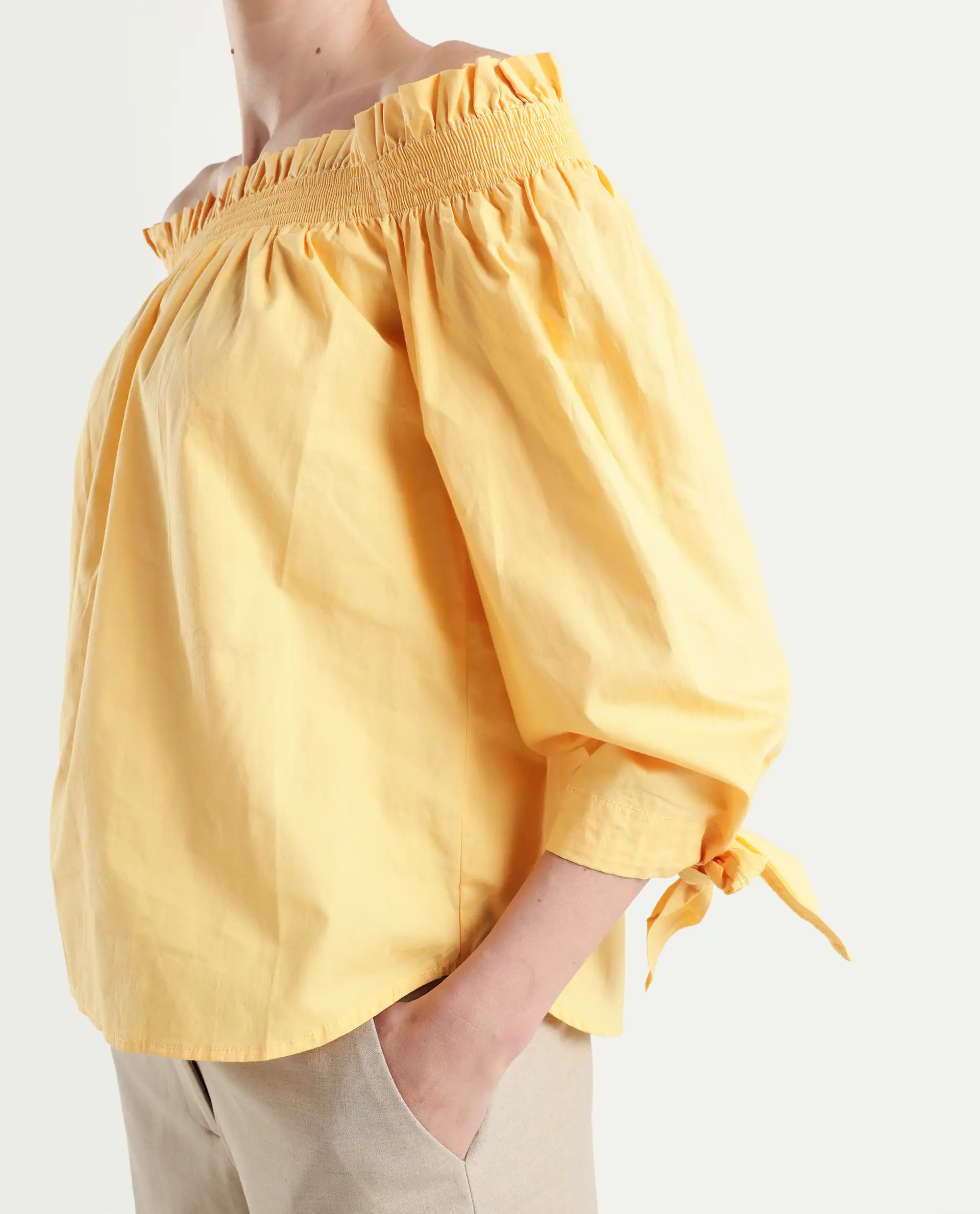 Rareism Womens Evenin Yellow Top Cotton Fabric Loose Fit Cold Shoulder Sleeve - Image 4