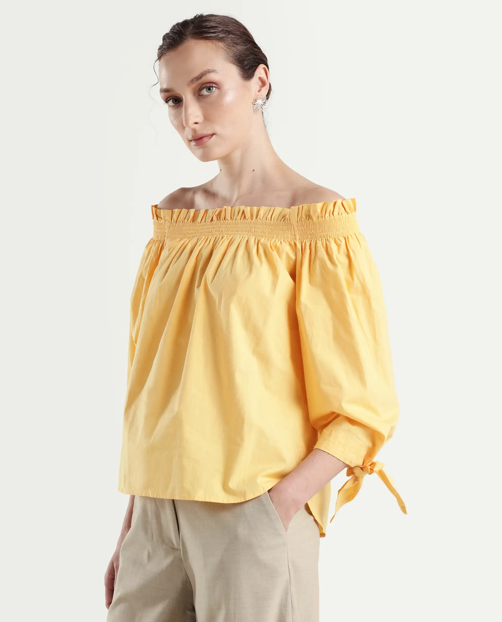 Rareism Womens Evenin Yellow Top Cotton Fabric Loose Fit Cold Shoulder Sleeve - Image 5
