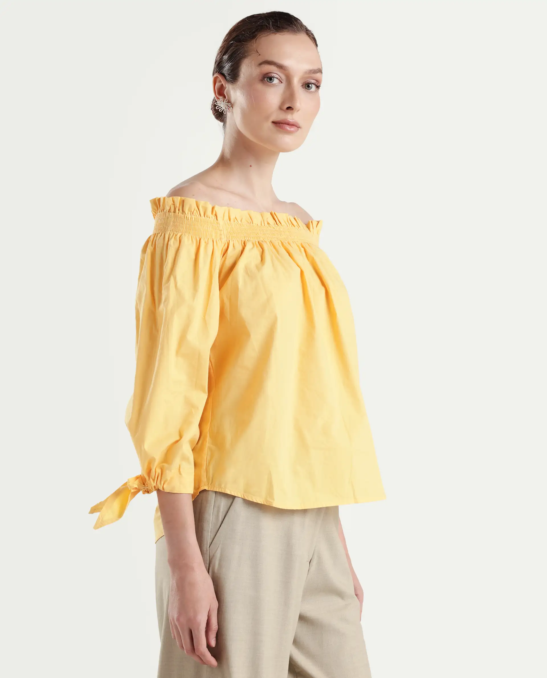 Rareism Womens Evenin Yellow Top Cotton Fabric Loose Fit Cold Shoulder Sleeve - Image 6