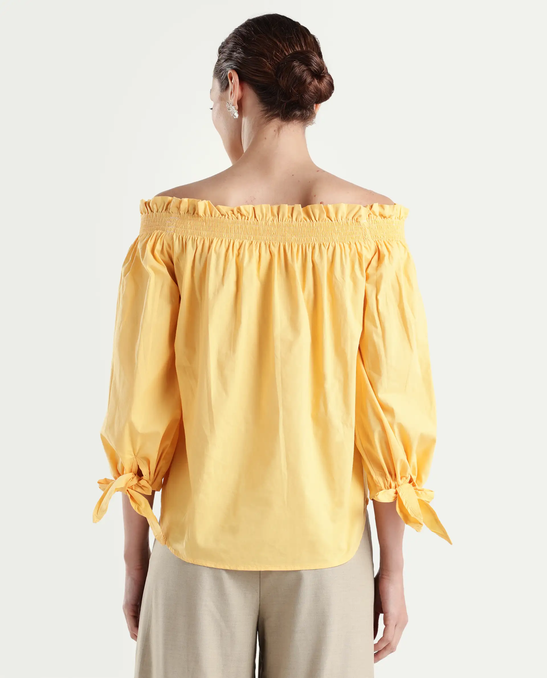 Rareism Womens Evenin Yellow Top Cotton Fabric Loose Fit Cold Shoulder Sleeve - Image 7