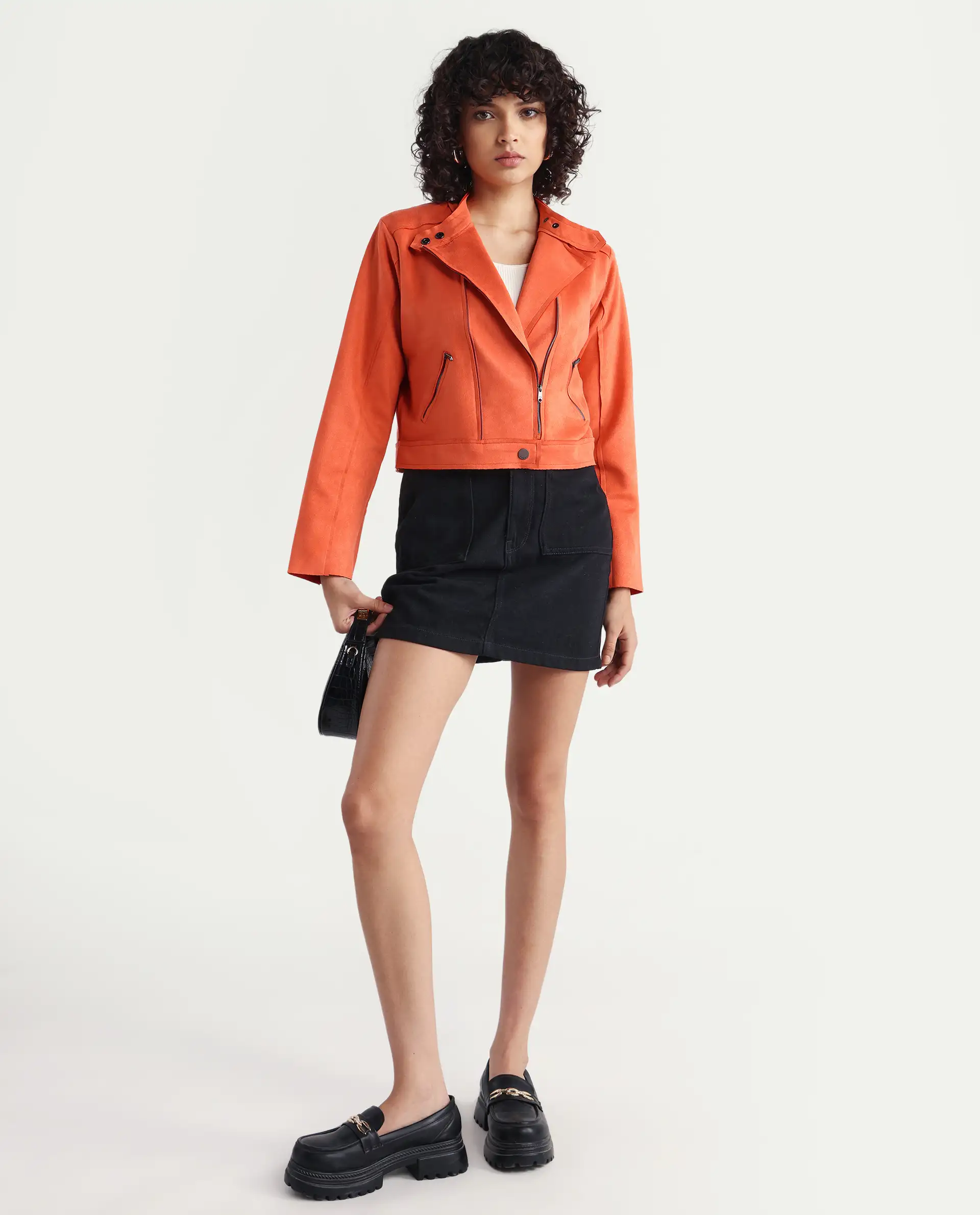 Rareism Women's Everlee Orange Polyester Mandarin Collar Plain Regular Fit Jacket - Image 2