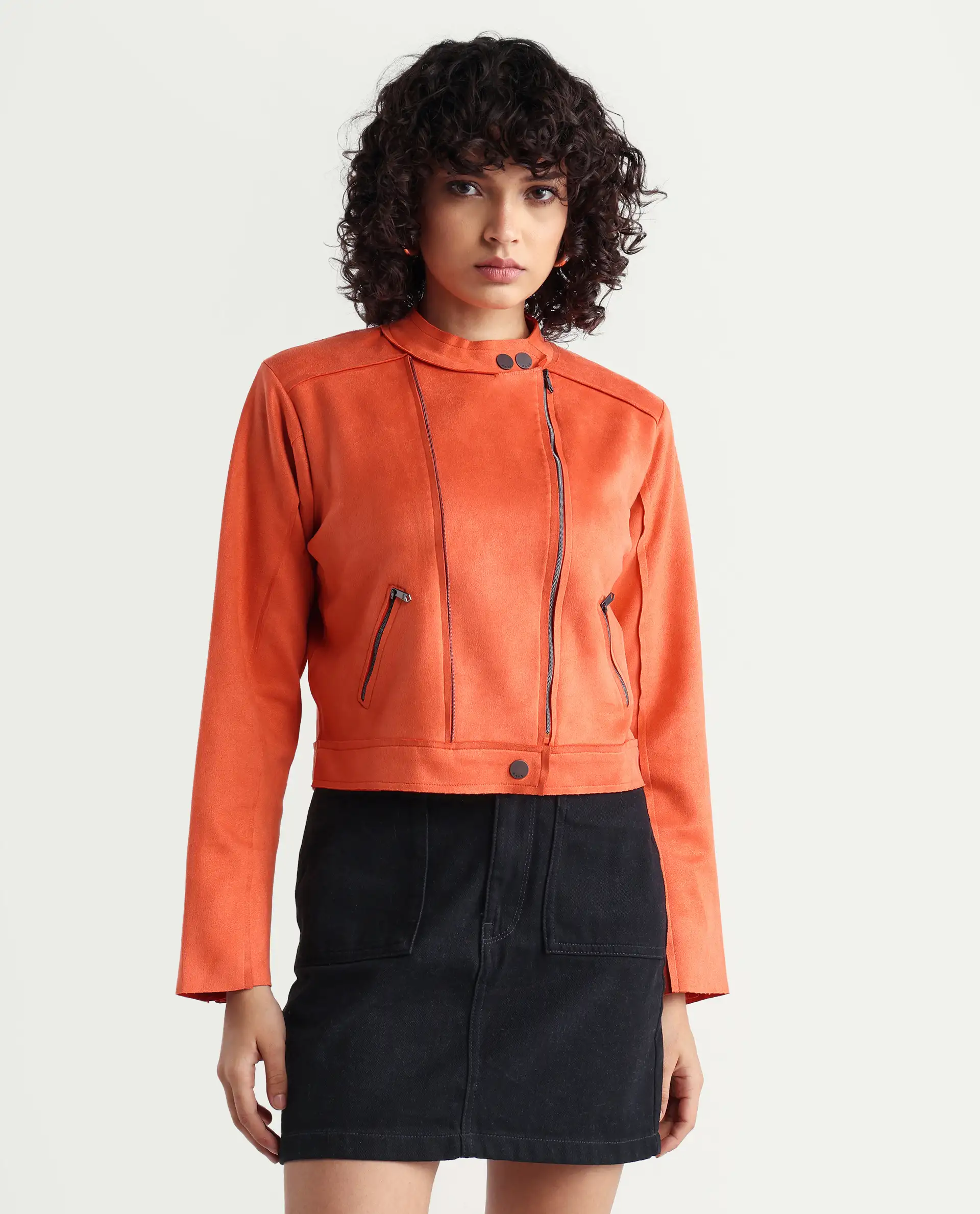 Rareism Women's Everlee Orange Polyester Mandarin Collar Plain Regular Fit Jacket - Image 3