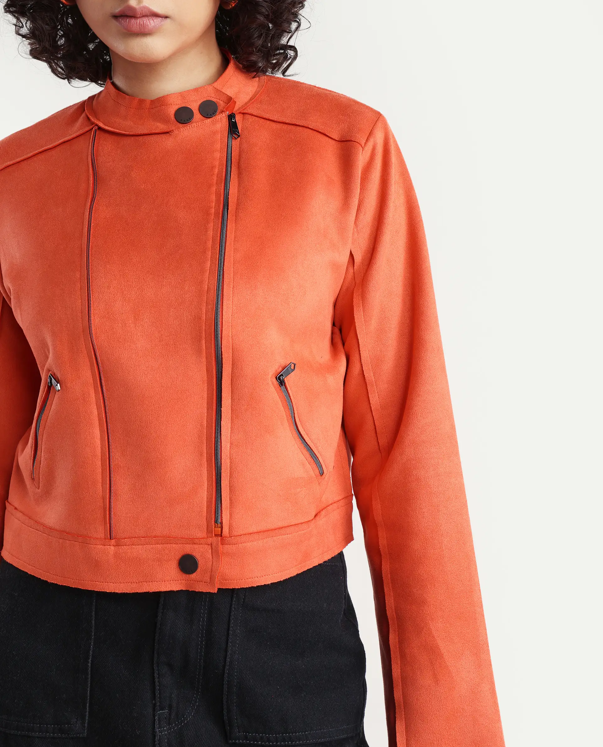 Rareism Women's Everlee Orange Polyester Mandarin Collar Plain Regular Fit Jacket - Image 4