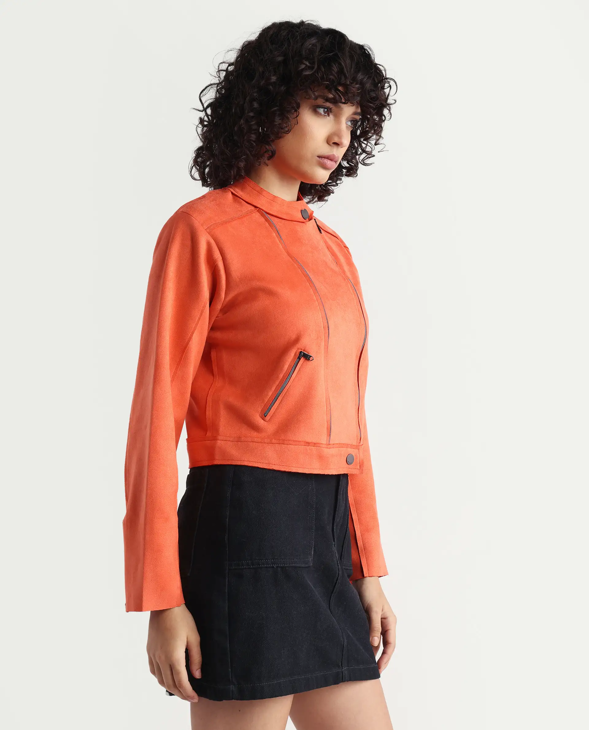 Rareism Women's Everlee Orange Polyester Mandarin Collar Plain Regular Fit Jacket - Image 5