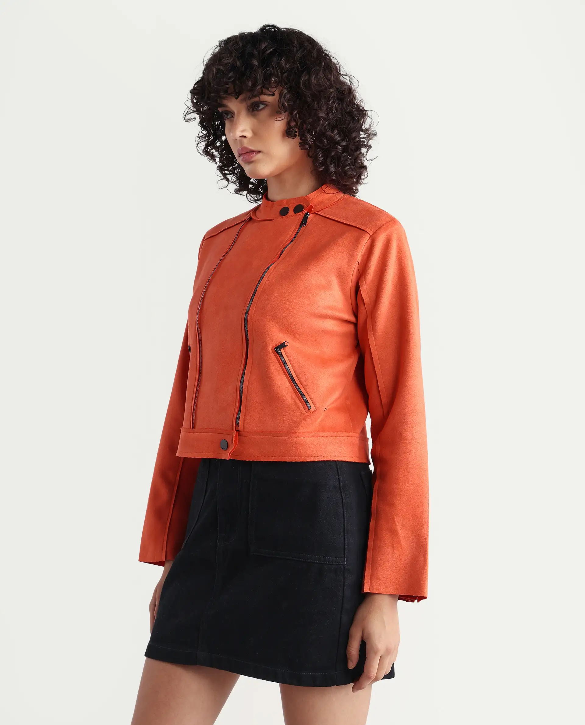 Rareism Women's Everlee Orange Polyester Mandarin Collar Plain Regular Fit Jacket - Image 6