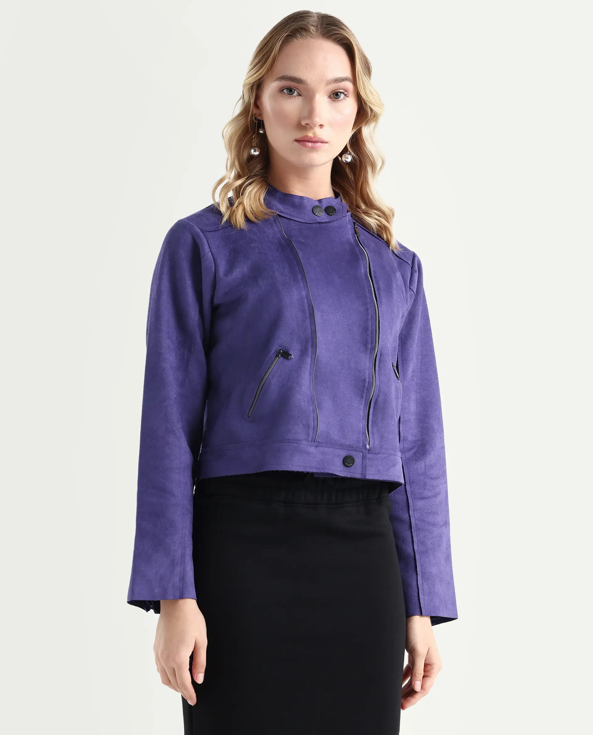 Rareism Women's Everlee Purple Polyester Mandarin Collar Plain Regular Fit Jacket - Image 3