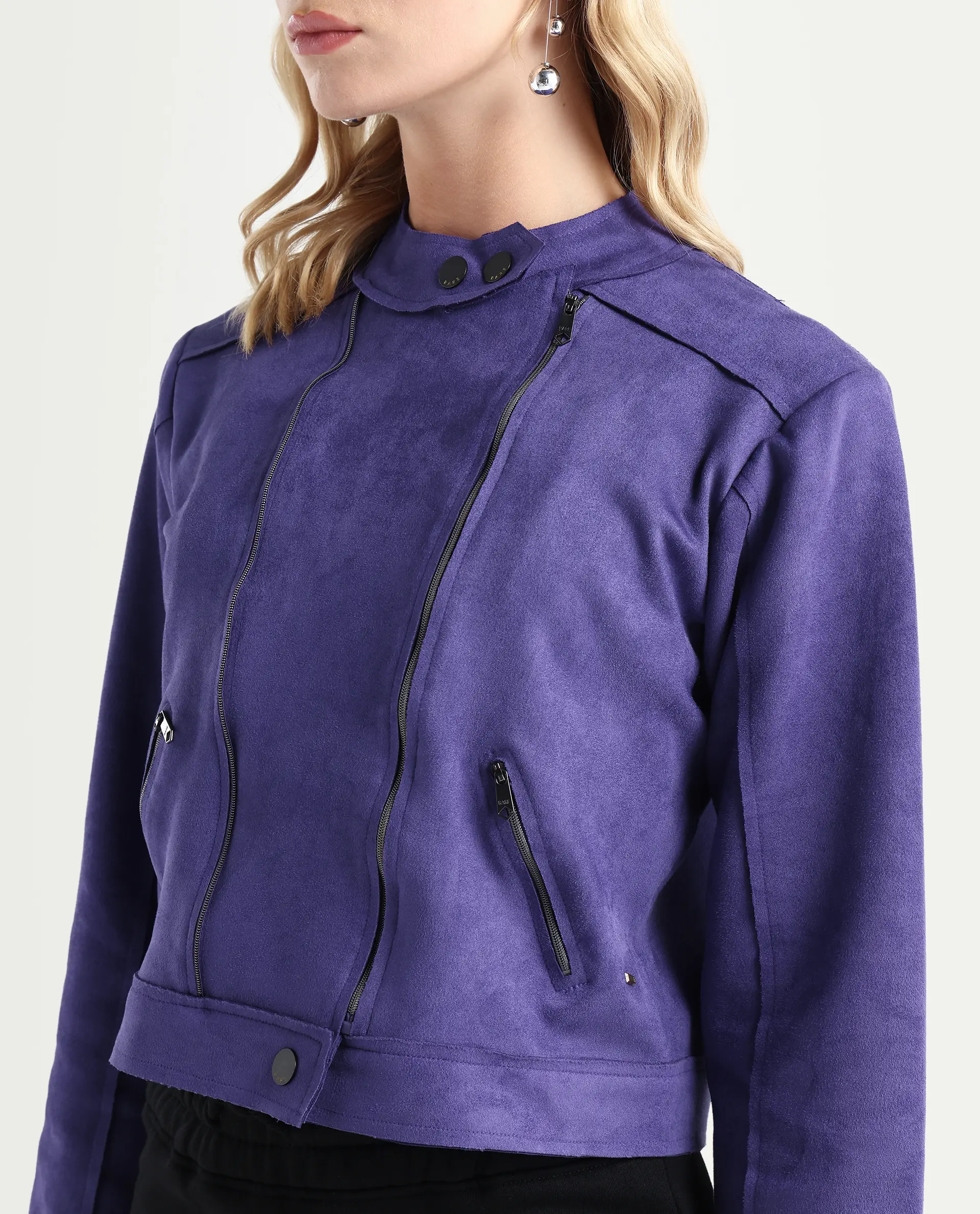 Rareism Women's Everlee Purple Polyester Mandarin Collar Plain Regular Fit Jacket - Image 4
