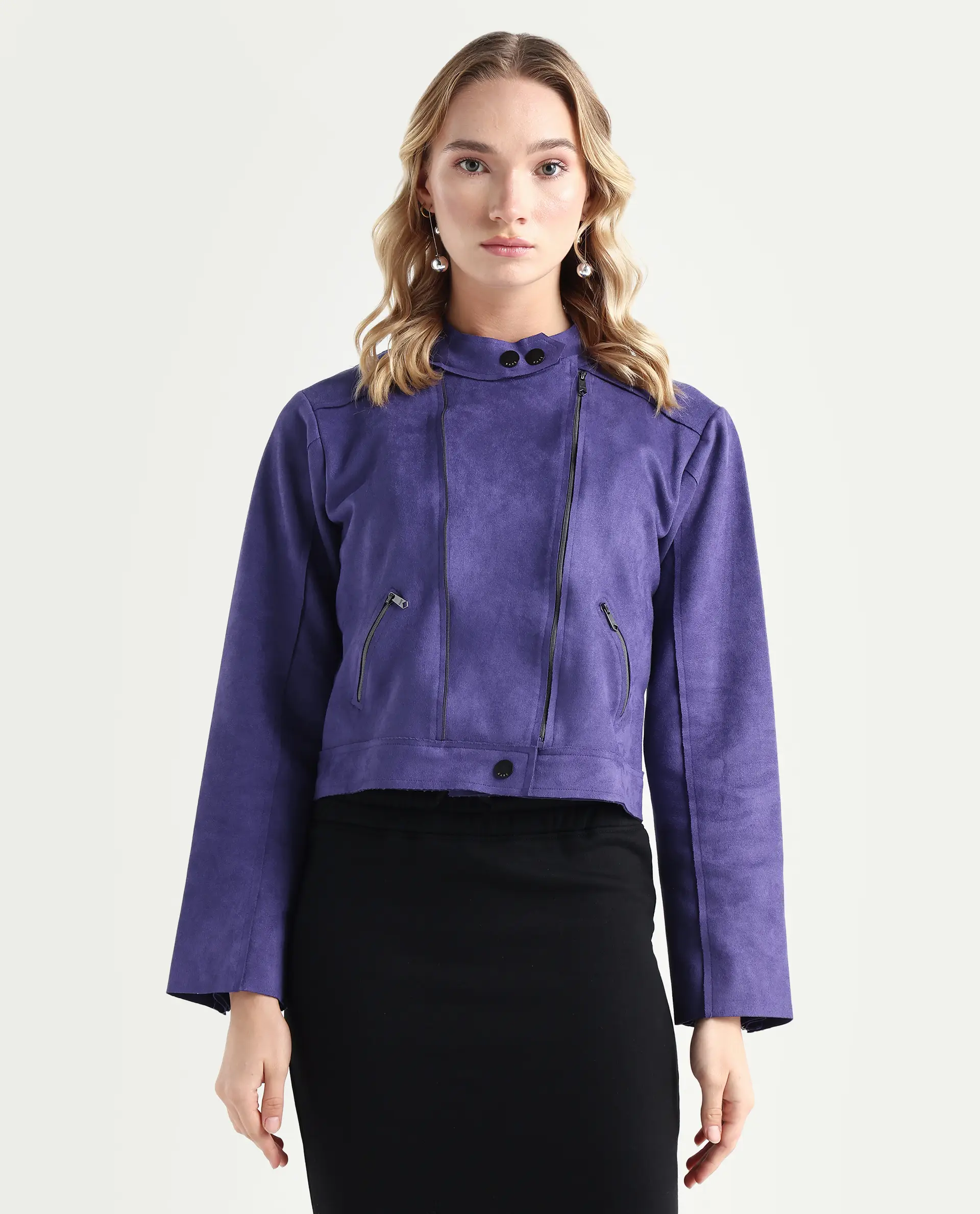 Rareism Women's Everlee Purple Polyester Mandarin Collar Plain Regular Fit Jacket - Image 5