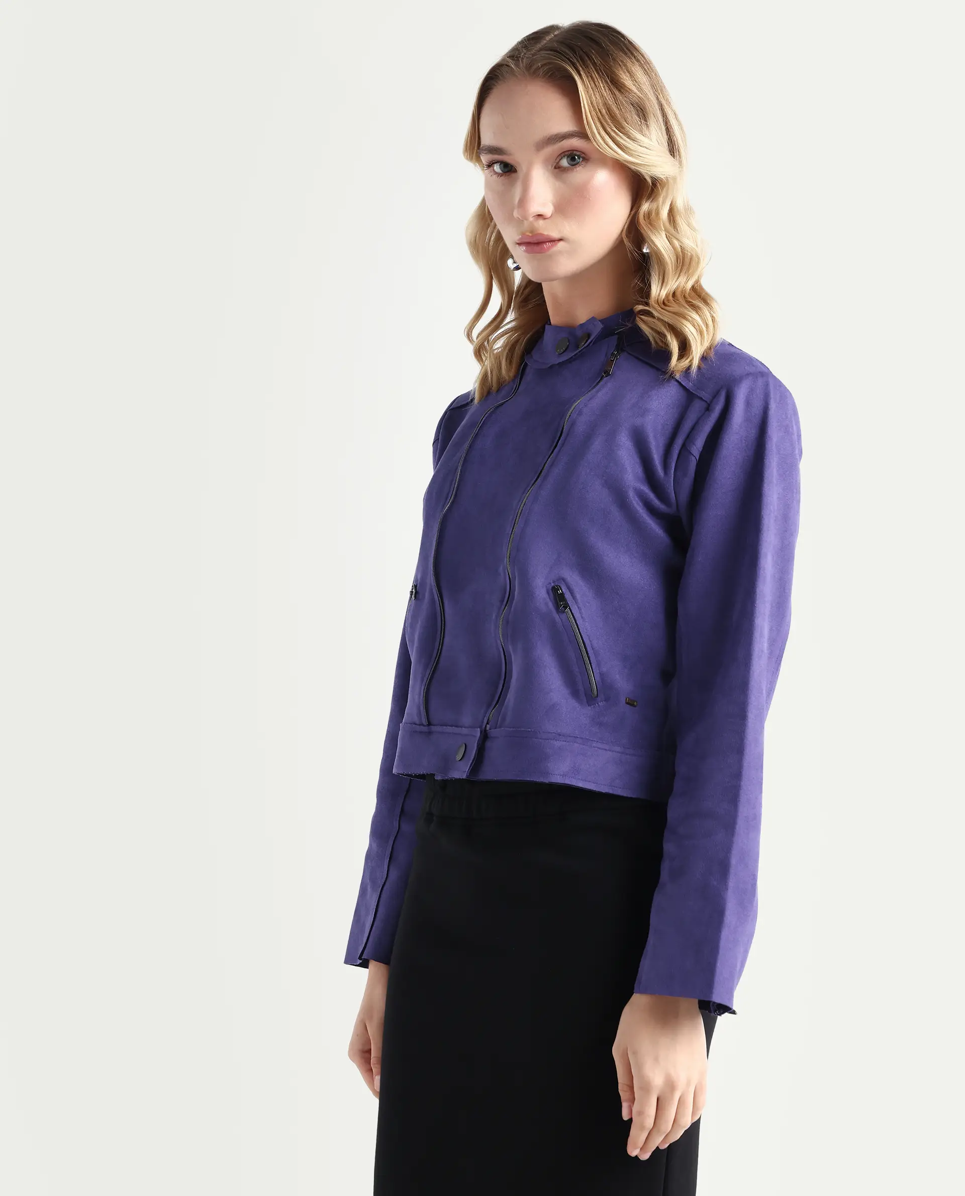 Rareism Women's Everlee Purple Polyester Mandarin Collar Plain Regular Fit Jacket - Image 6