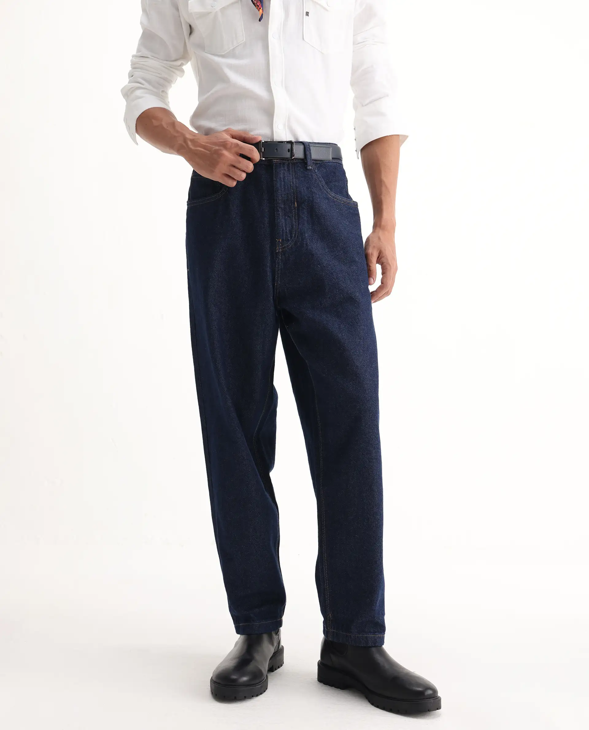Rare Rabbit Men's Evet-2 Dark Blue Cotton Plain Baggy Fit Jeans - Image 2
