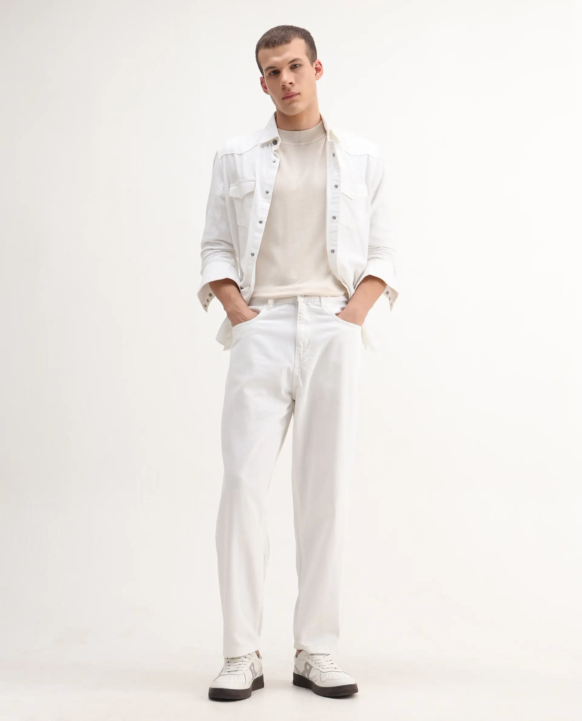 Rare Rabbit Men's Evet-2 White Cotton Plain Baggy Fit Jeans