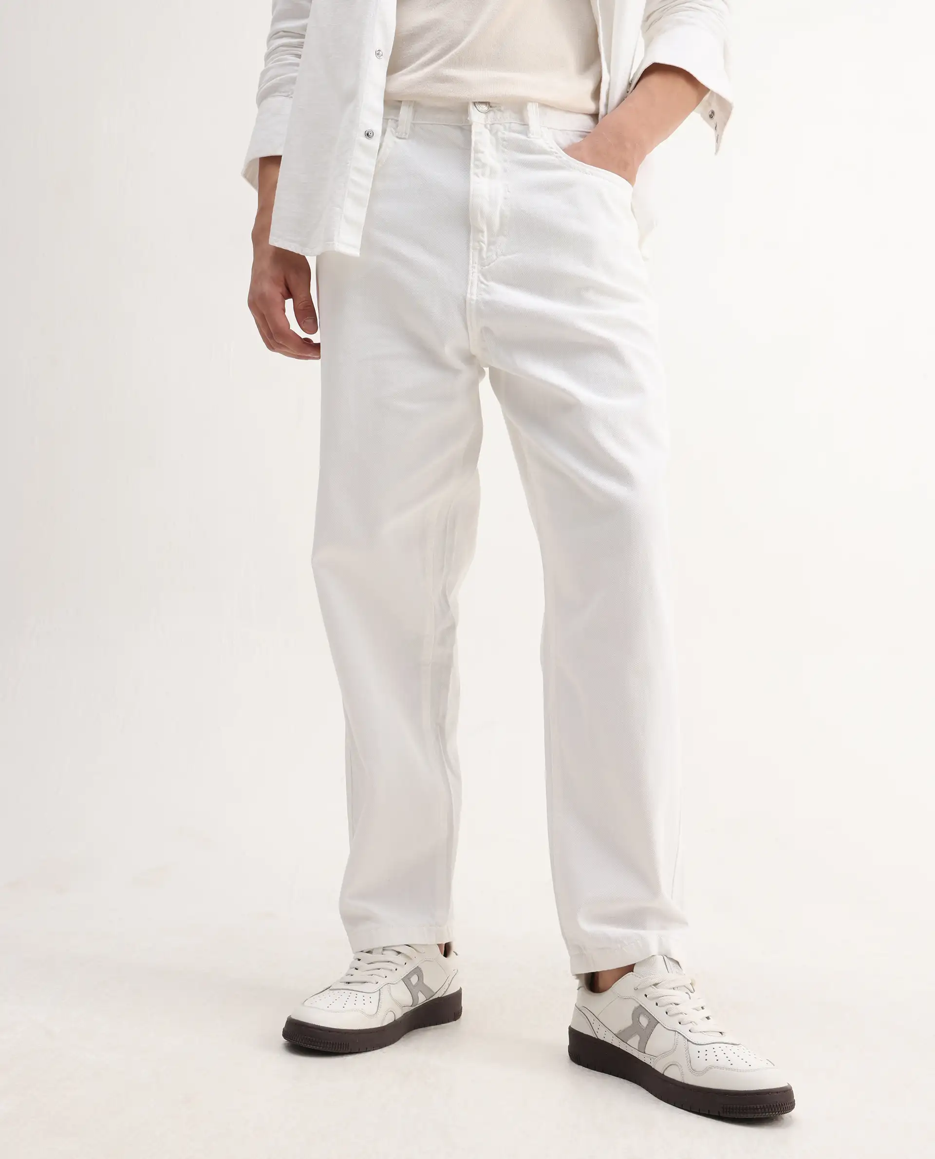 Rare Rabbit Men's Evet-2 White Cotton Plain Baggy Fit Jeans - Image 2