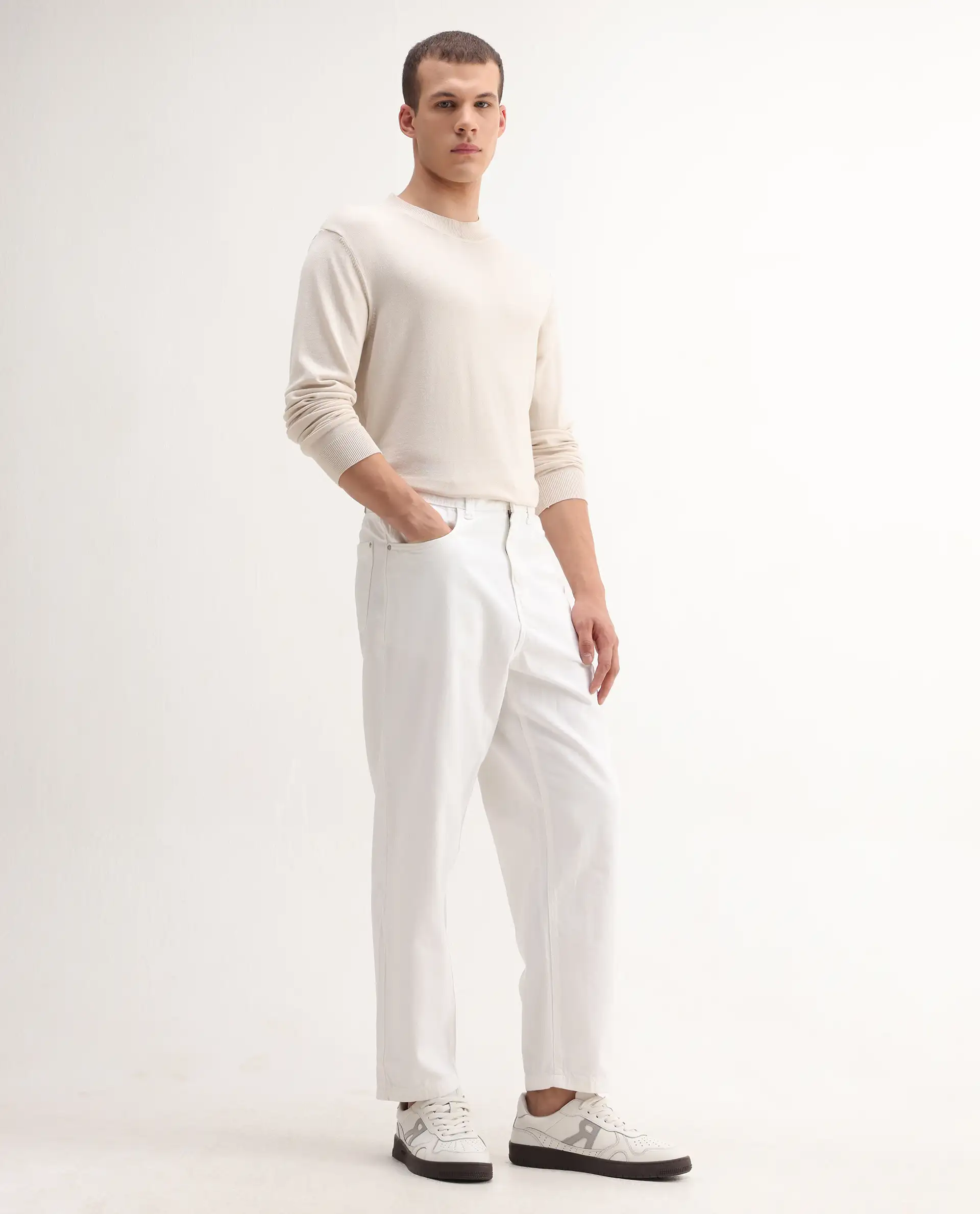 Rare Rabbit Men's Evet-2 White Cotton Plain Baggy Fit Jeans - Image 5