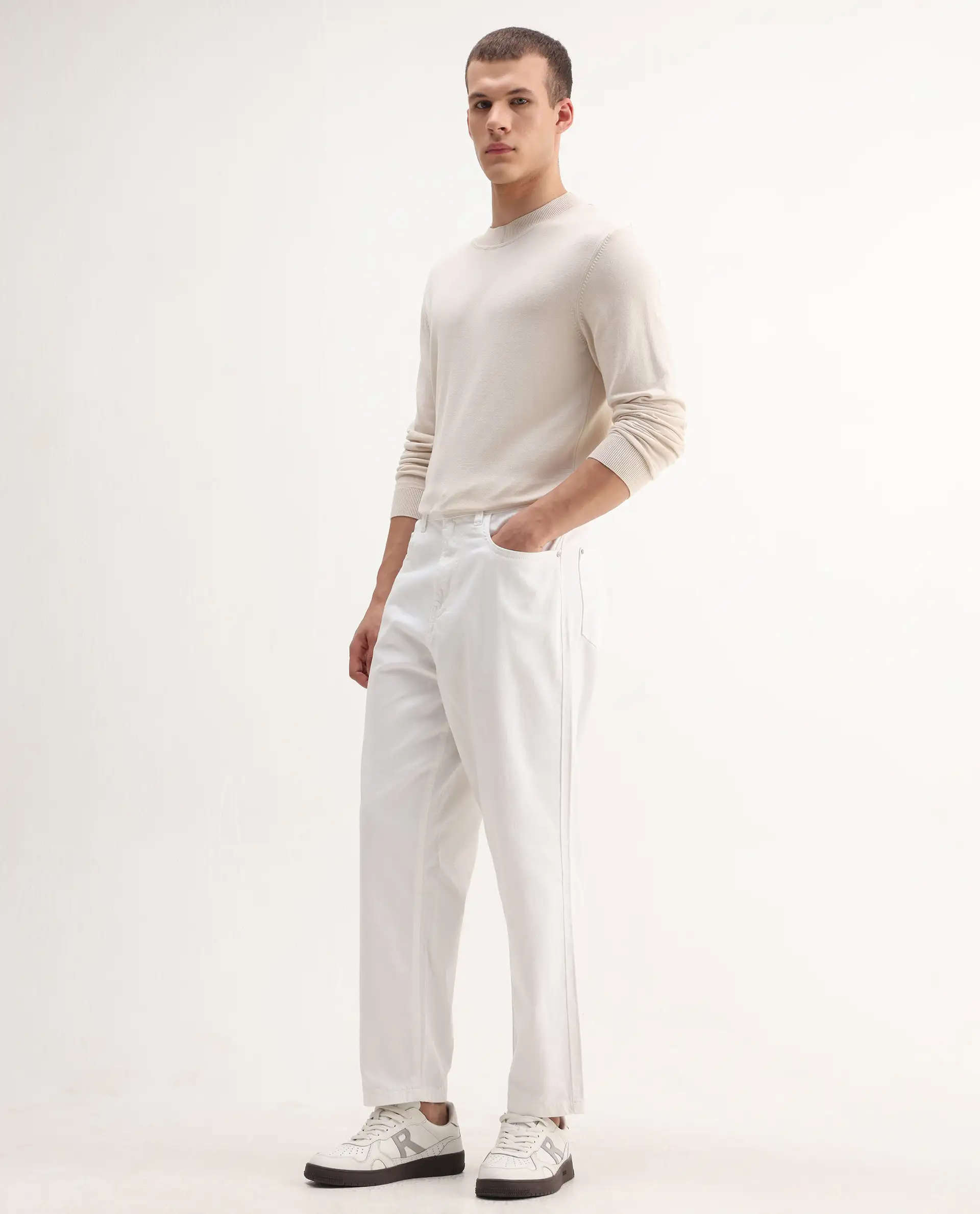 Rare Rabbit Men's Evet-2 White Cotton Plain Baggy Fit Jeans - Image 6
