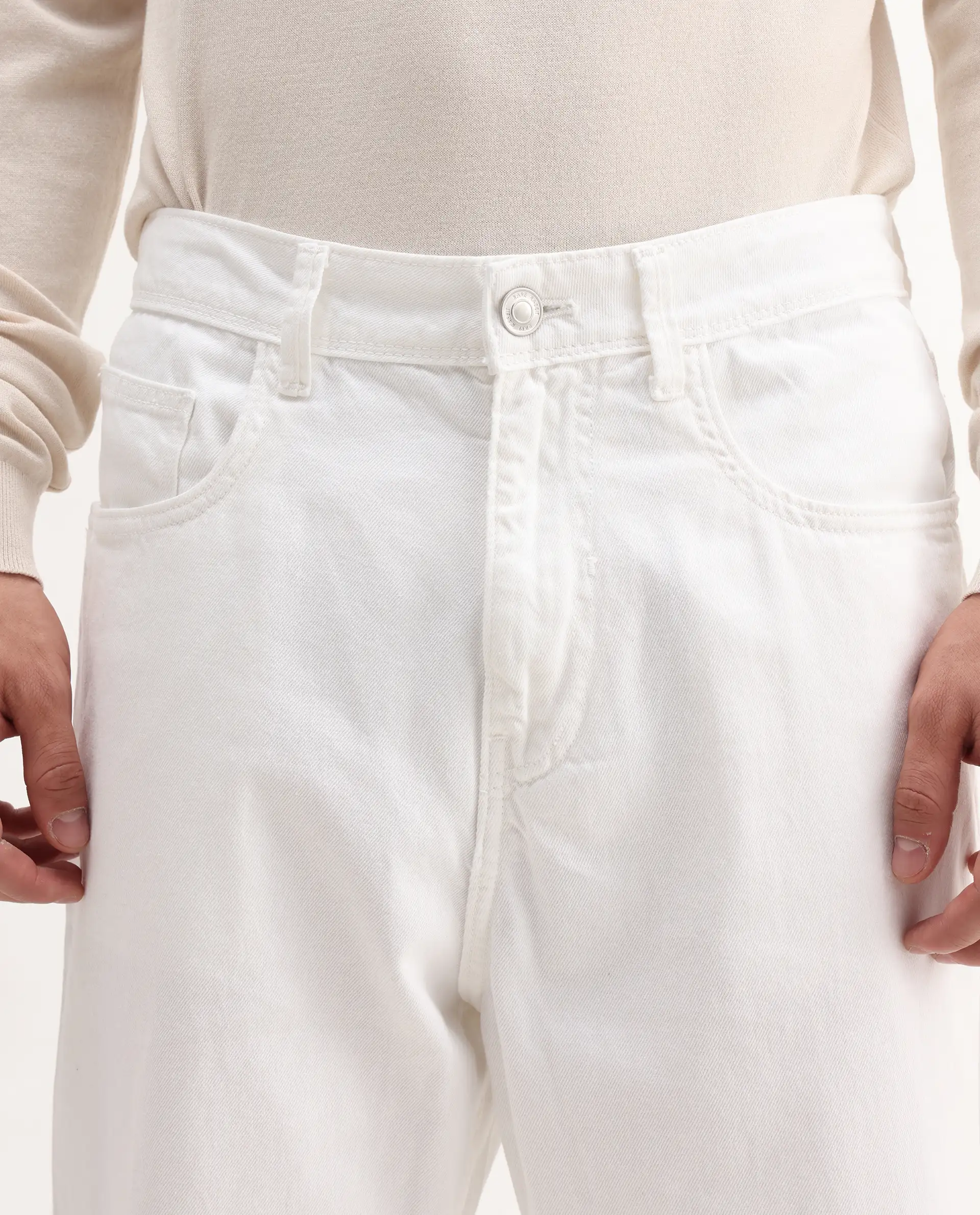 Rare Rabbit Men's Evet-2 White Cotton Plain Baggy Fit Jeans - Image 7
