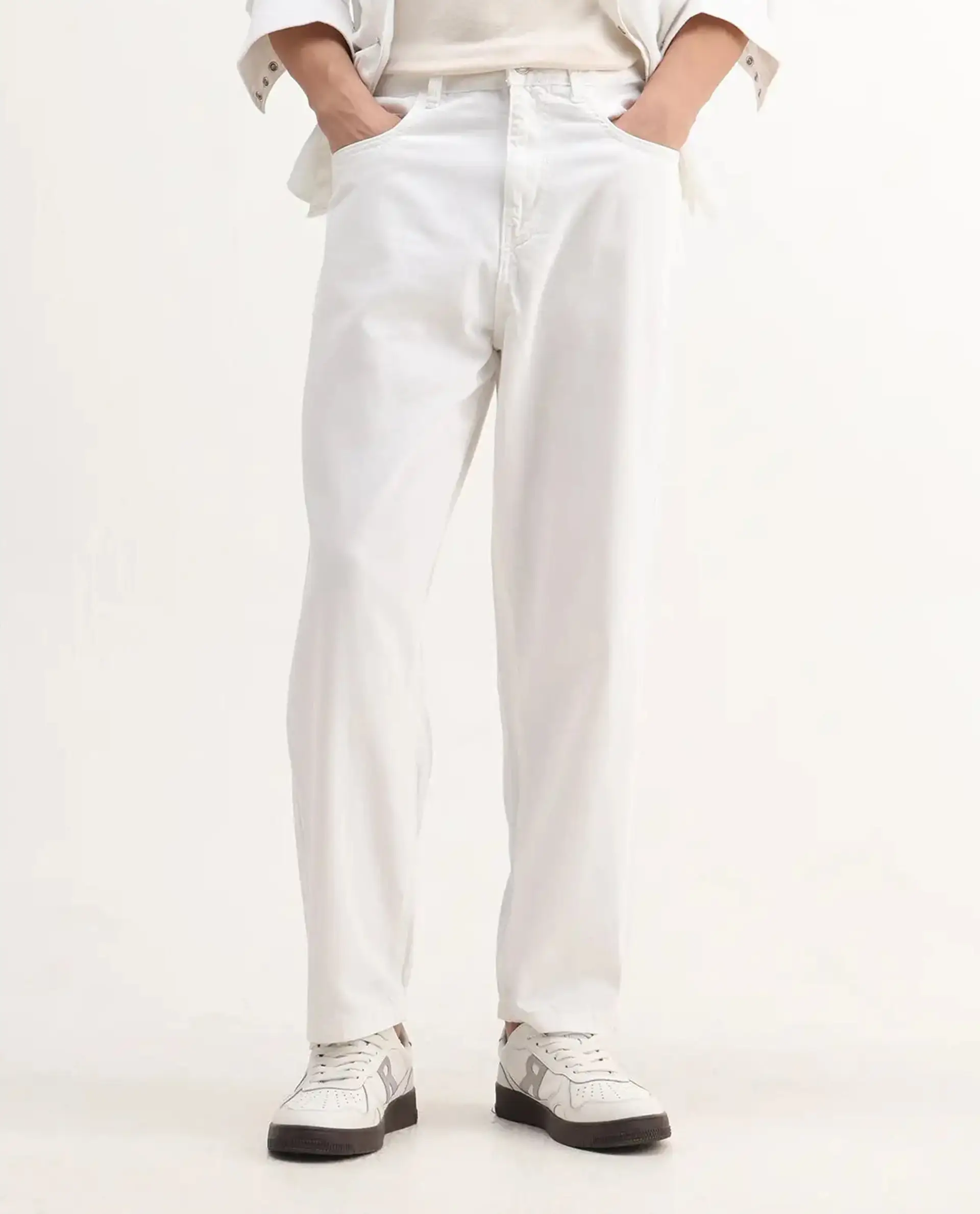 Rare Rabbit Men's Evet-2 White Cotton Plain Baggy Fit Jeans - Image 9