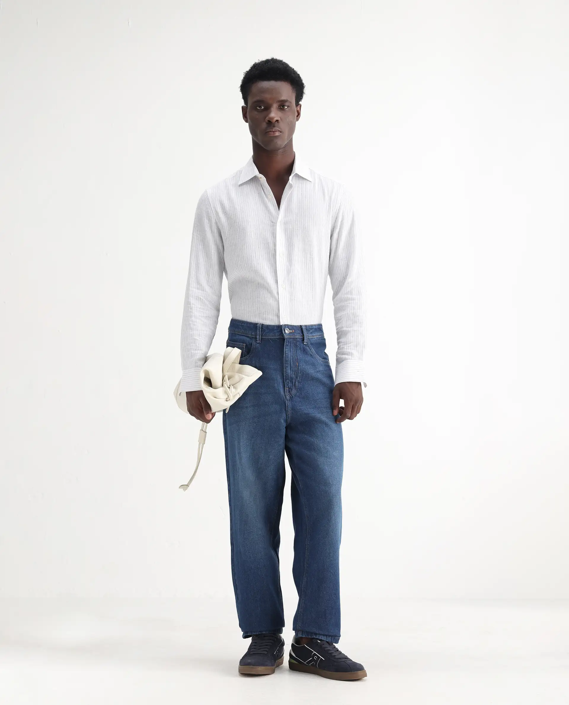 Rare Rabbit Men's Evet Blue Cotton Plain Baggy Fit Jeans