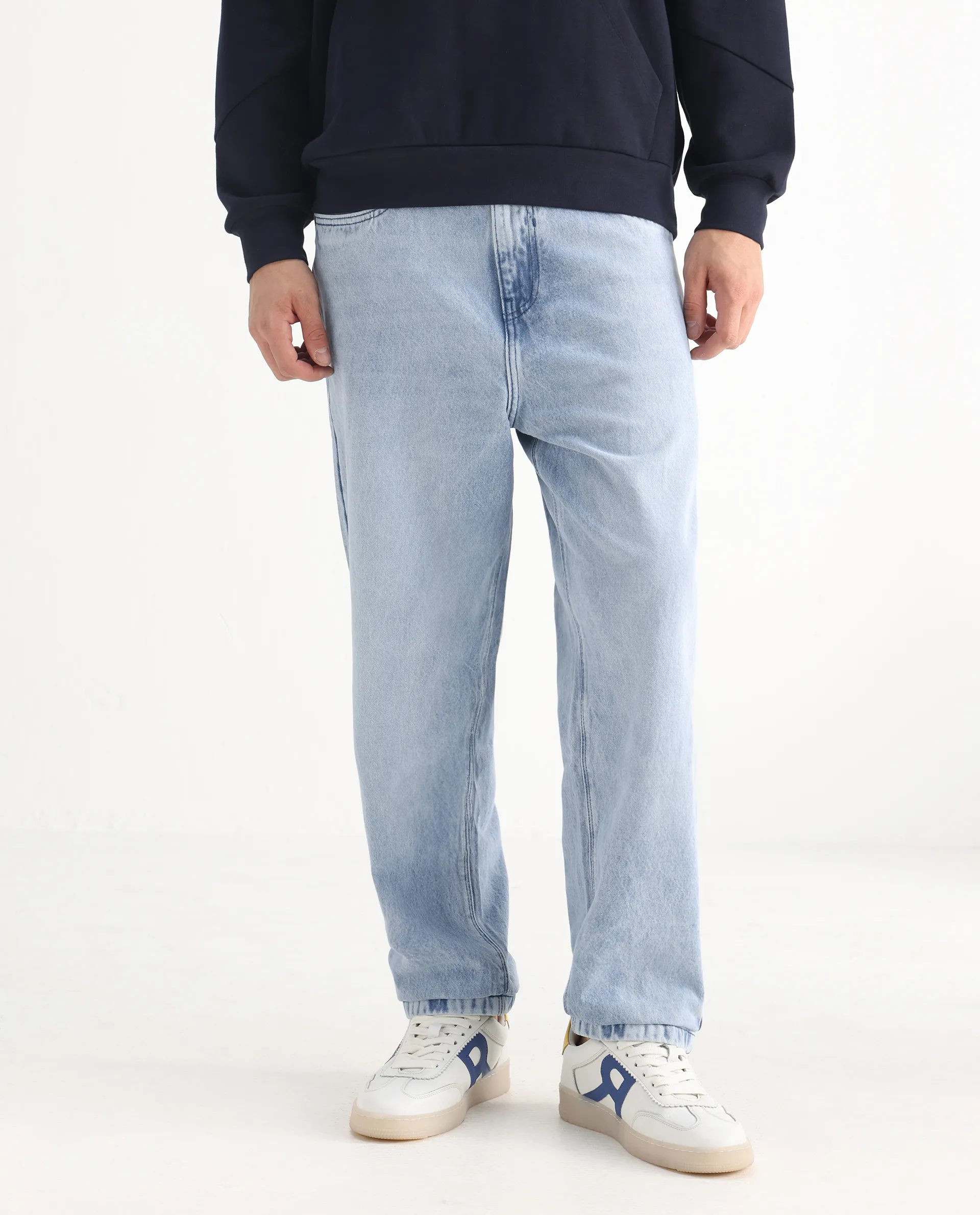 Rare Rabbit Men's Evet Pastel Blue Cotton Plain Baggy Fit Jeans - Image 2