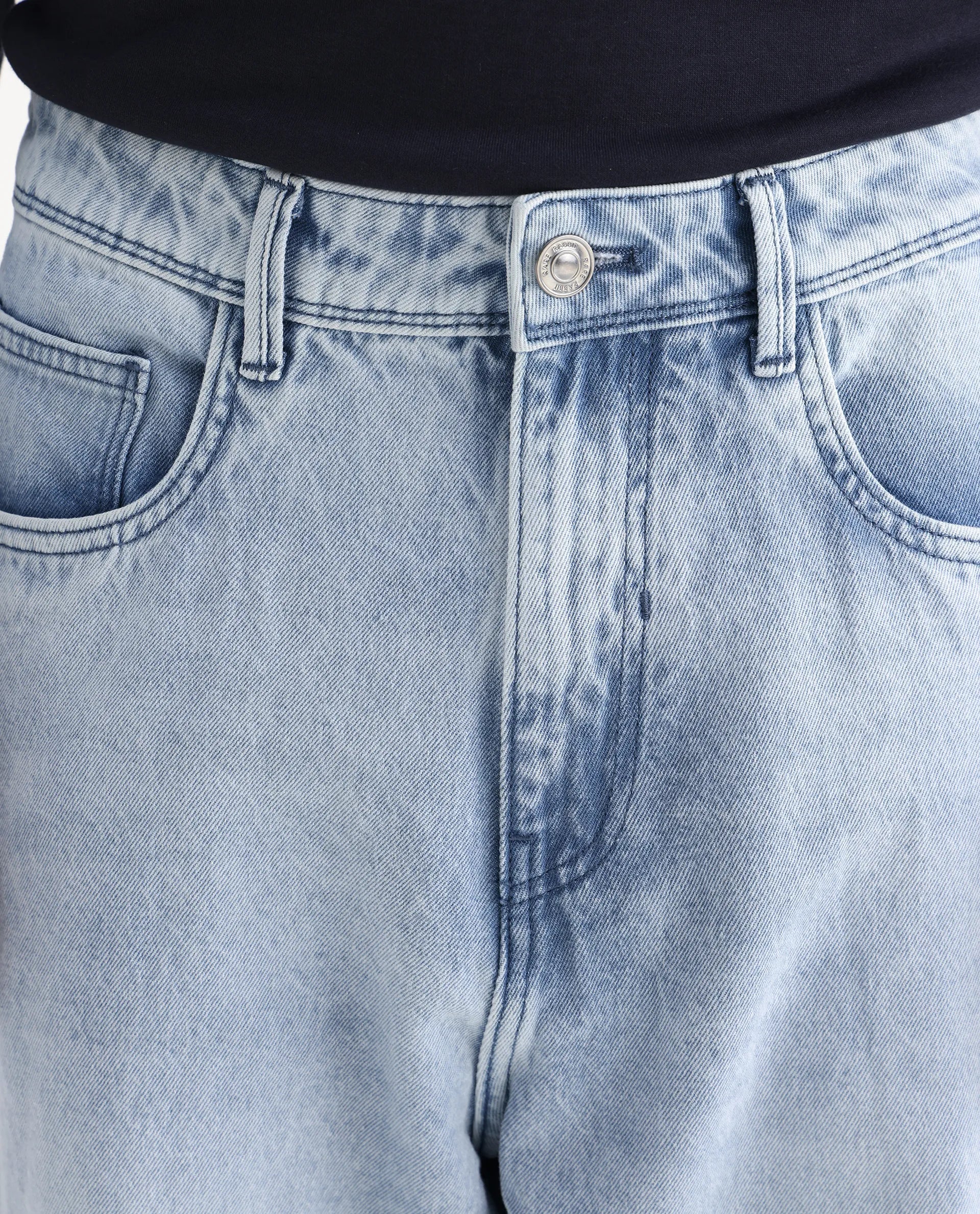 Rare Rabbit Men's Evet Pastel Blue Cotton Plain Baggy Fit Jeans - Image 6