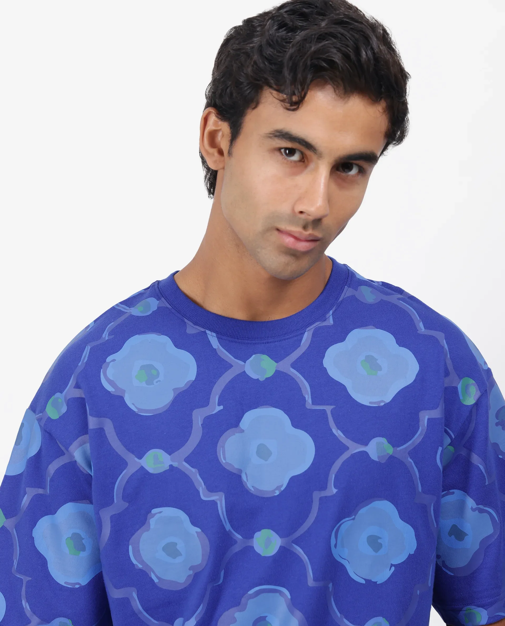 Rare Rabbit Men's Evino Flouroscent Blue Cotton Graphic Print Oversized Fit Half Sleeve Crew Neck T-Shirt - Image 2