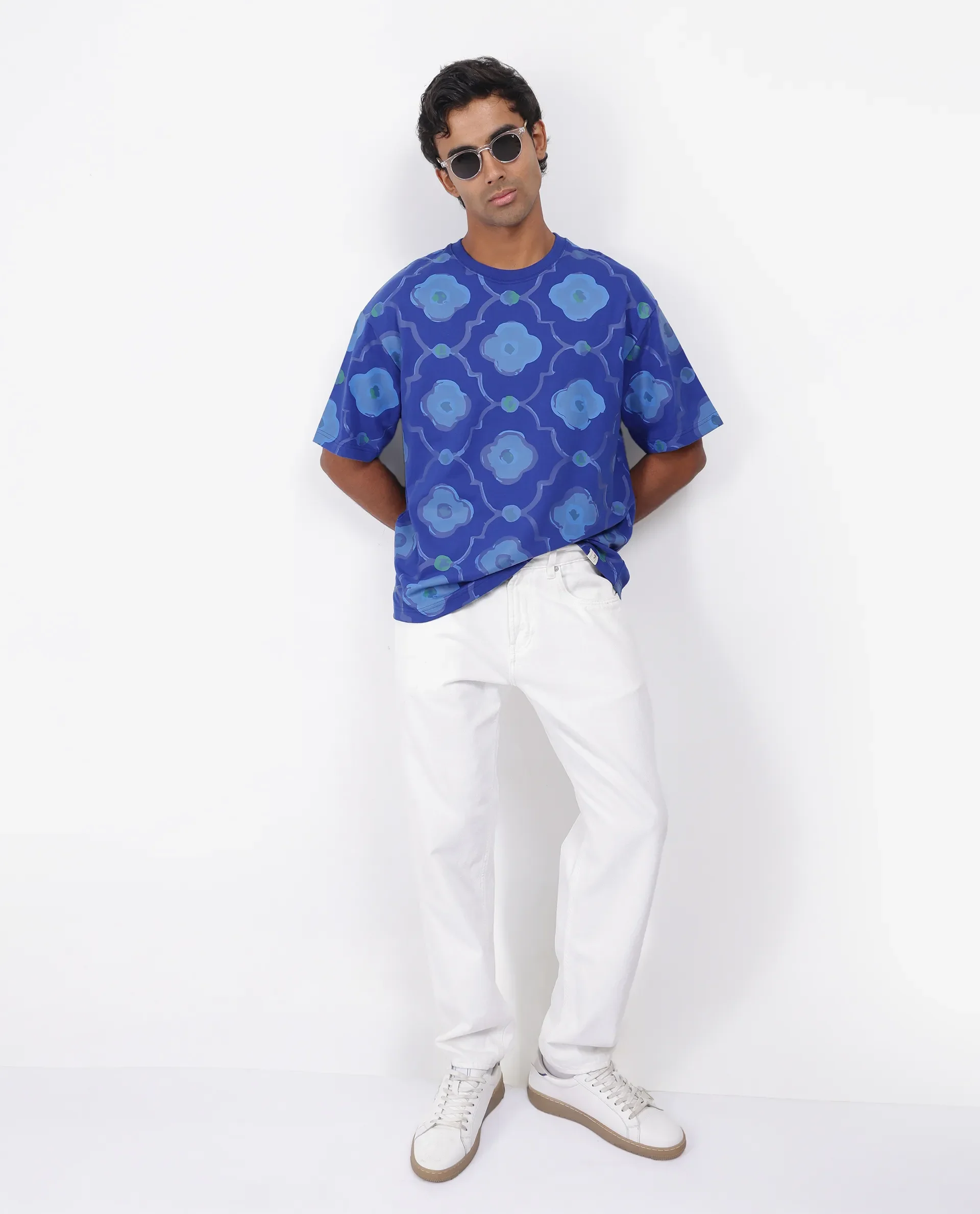 Rare Rabbit Men's Evino Flouroscent Blue Cotton Graphic Print Oversized Fit Half Sleeve Crew Neck T-Shirt - Image 3