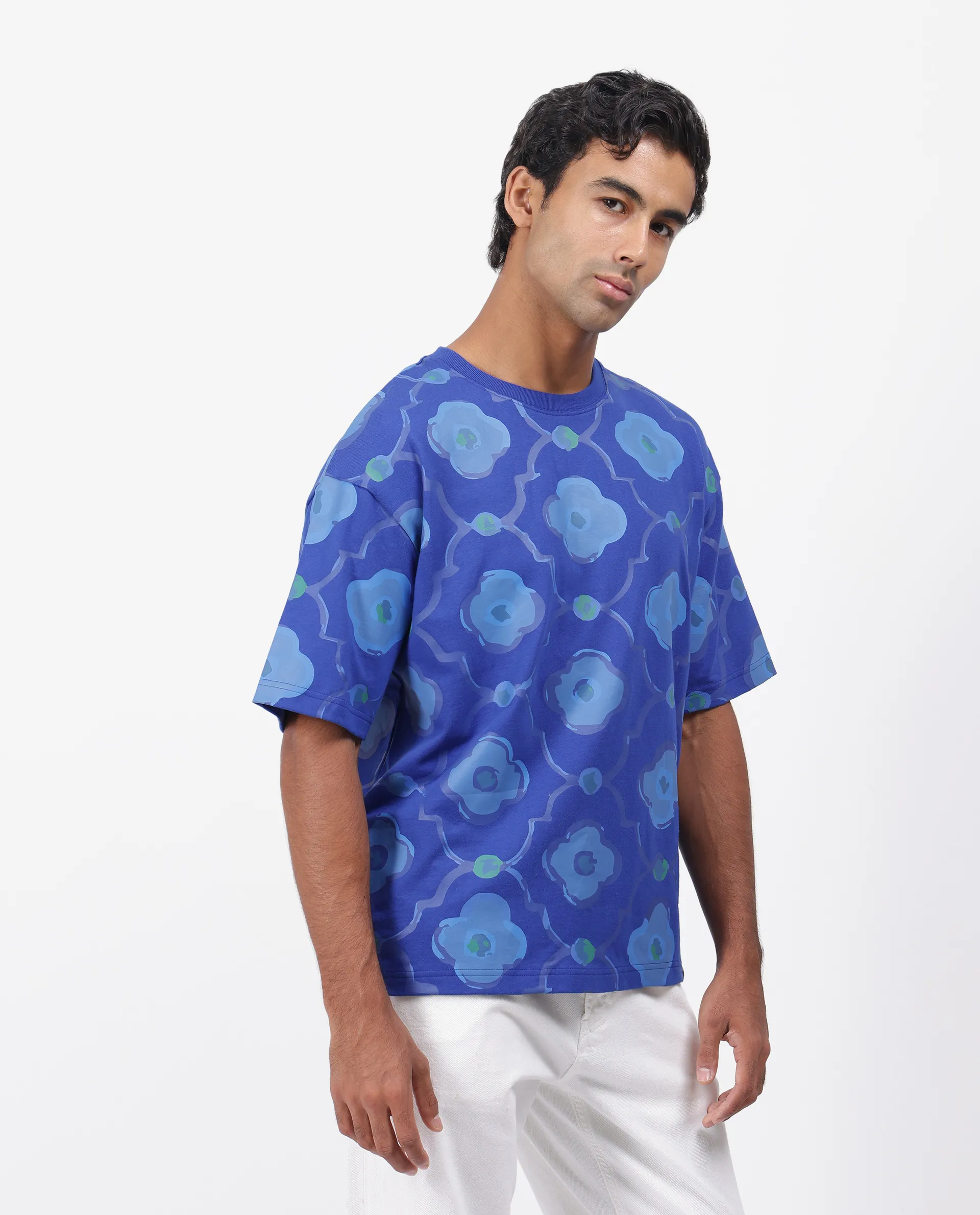 Rare Rabbit Men's Evino Flouroscent Blue Cotton Graphic Print Oversized Fit Half Sleeve Crew Neck T-Shirt - Image 4