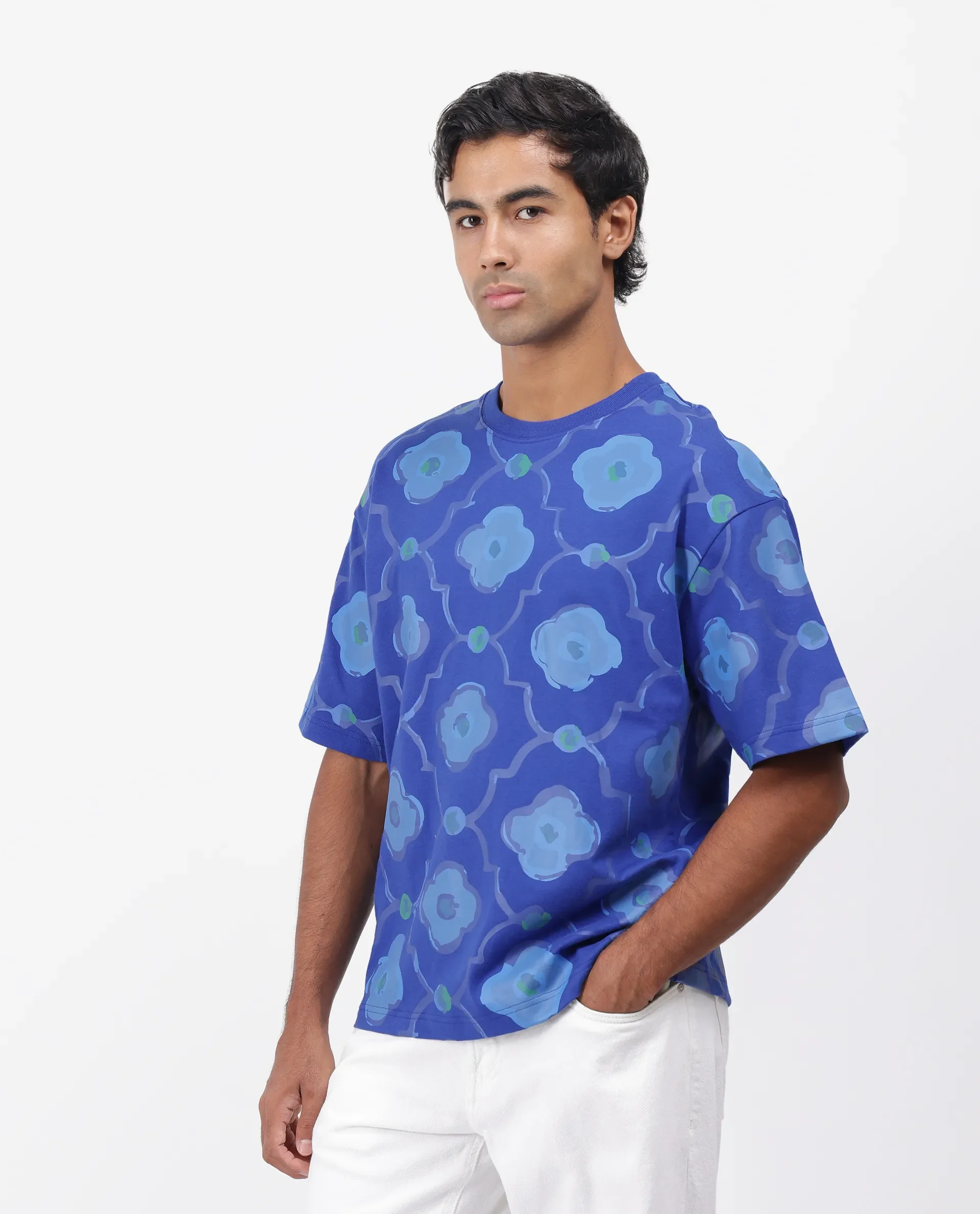 Rare Rabbit Men's Evino Flouroscent Blue Cotton Graphic Print Oversized Fit Half Sleeve Crew Neck T-Shirt - Image 5