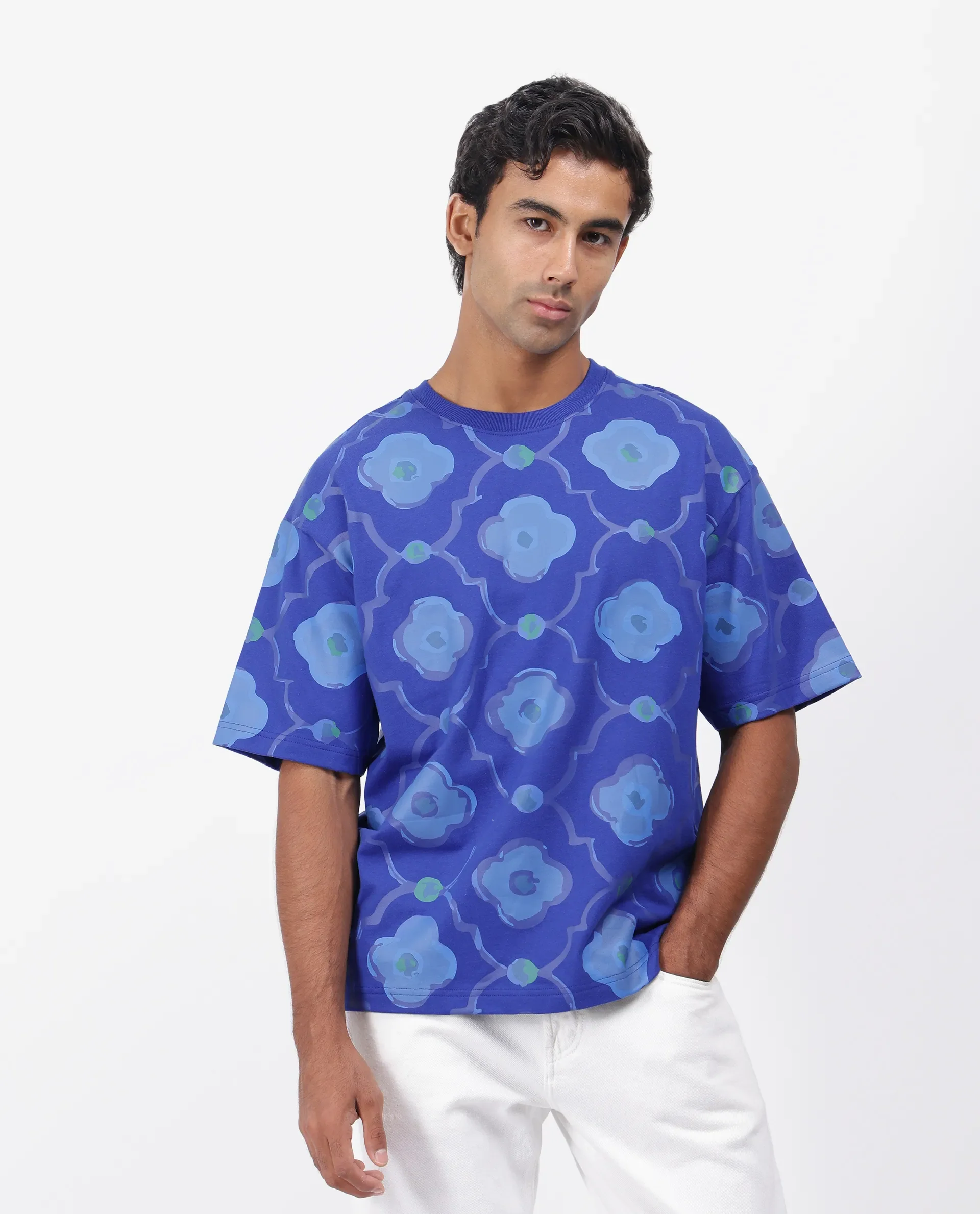 Rare Rabbit Men's Evino Flouroscent Blue Cotton Graphic Print Oversized Fit Half Sleeve Crew Neck T-Shirt - Image 6