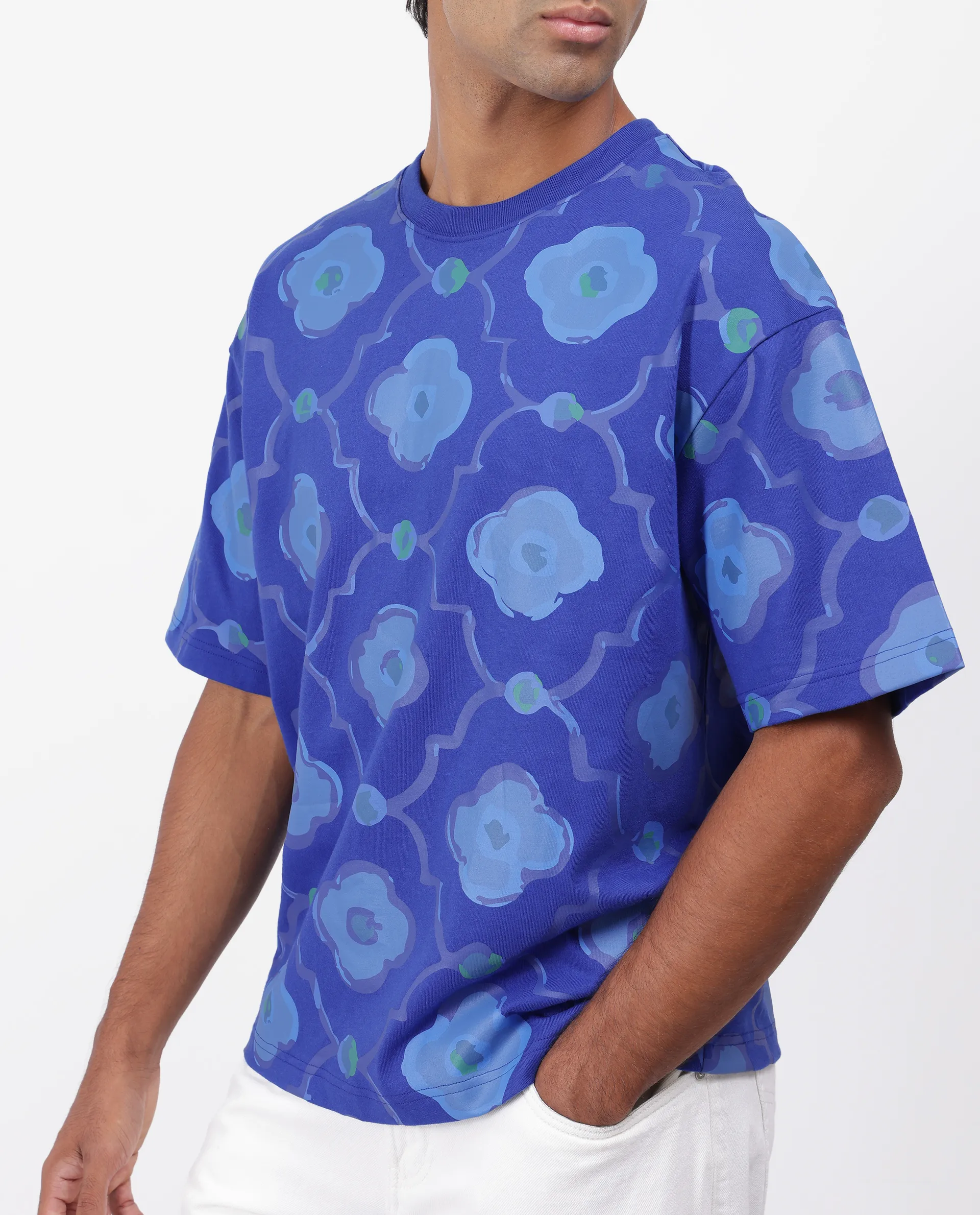 Rare Rabbit Men's Evino Flouroscent Blue Cotton Graphic Print Oversized Fit Half Sleeve Crew Neck T-Shirt - Image 7