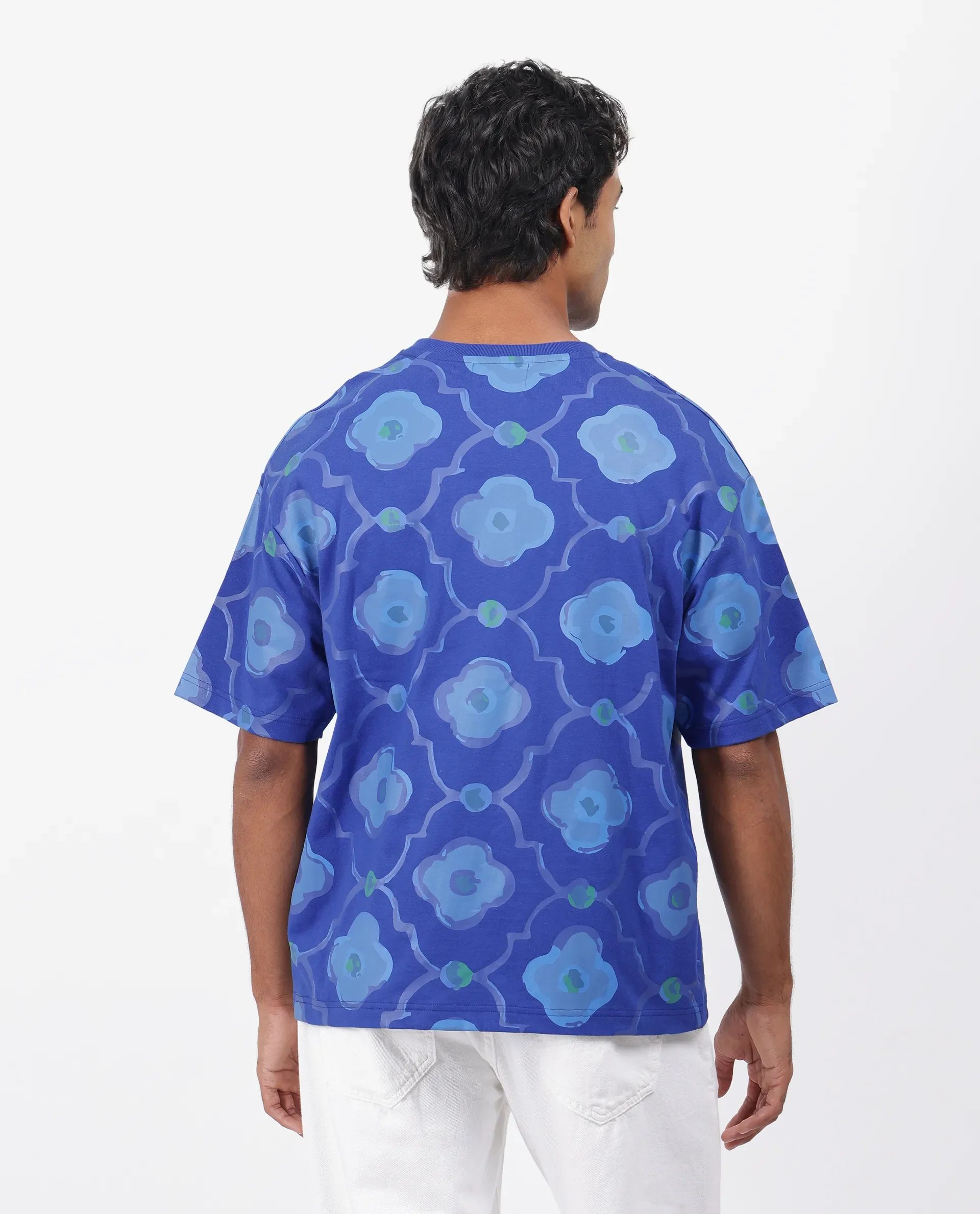 Rare Rabbit Men's Evino Flouroscent Blue Cotton Graphic Print Oversized Fit Half Sleeve Crew Neck T-Shirt - Image 8
