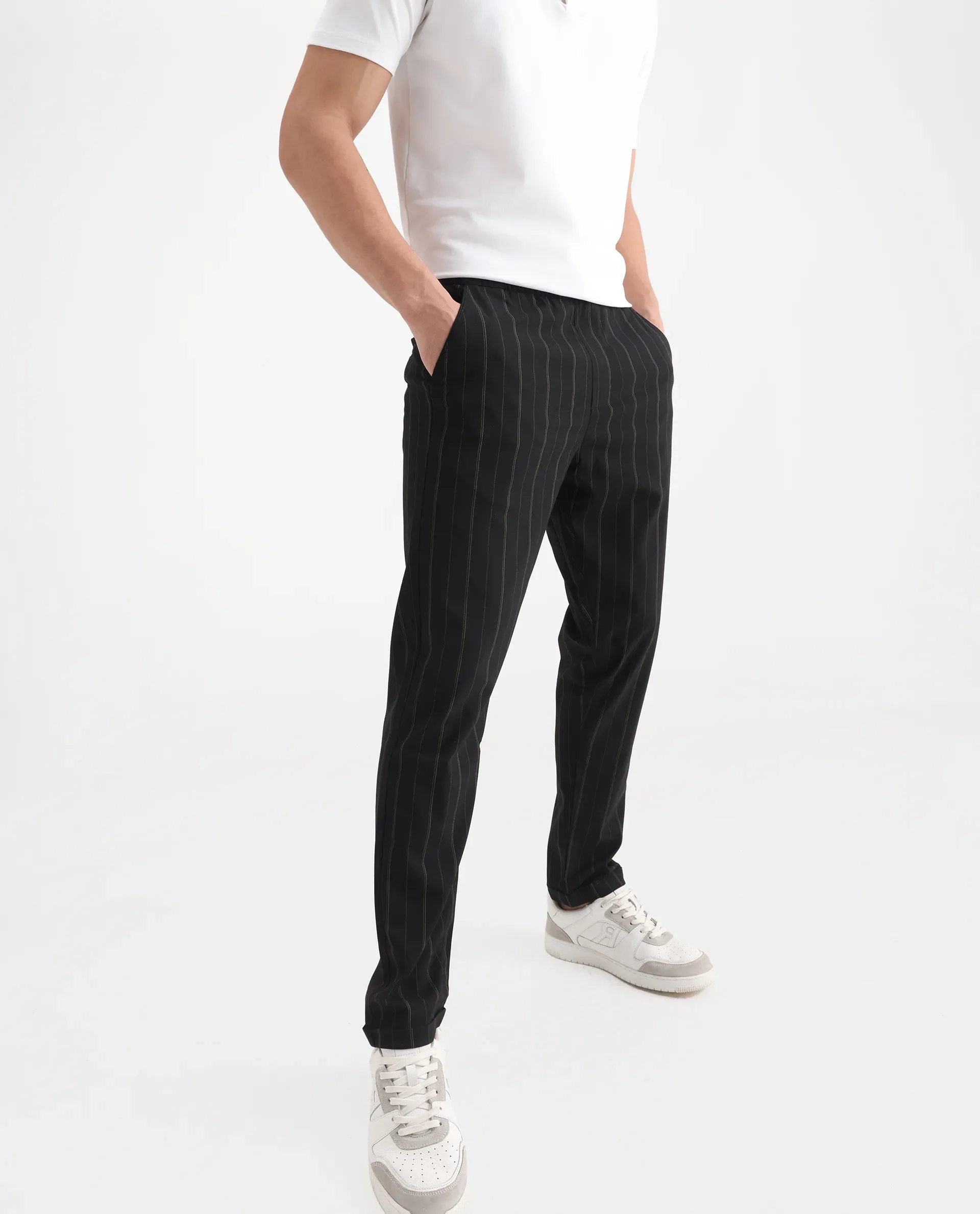 Rare Rabbit Men's Evita Black Cotton Striped Print Regular Fit Trouser - Image 2