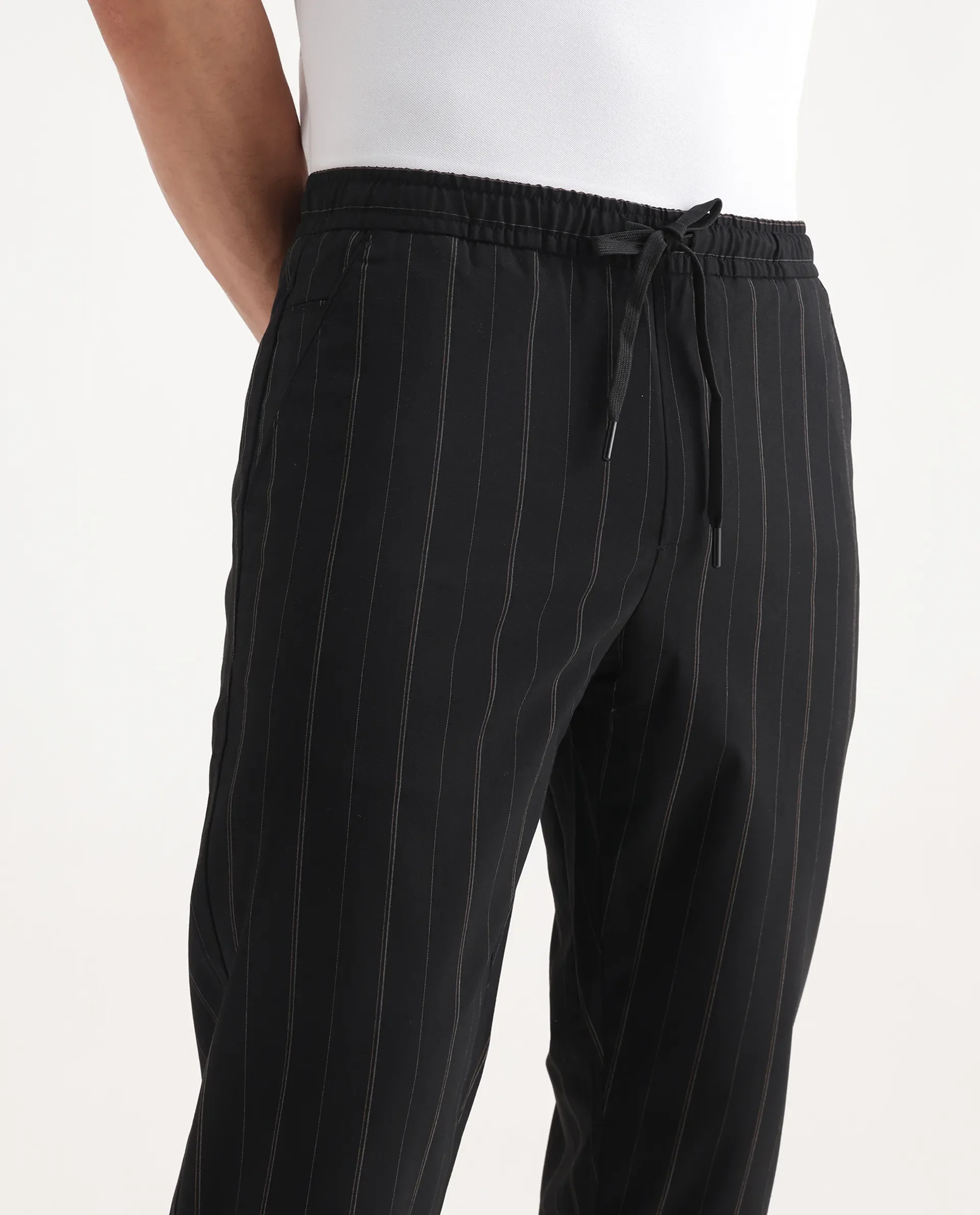 Rare Rabbit Men's Evita Black Cotton Striped Print Regular Fit Trouser - Image 3