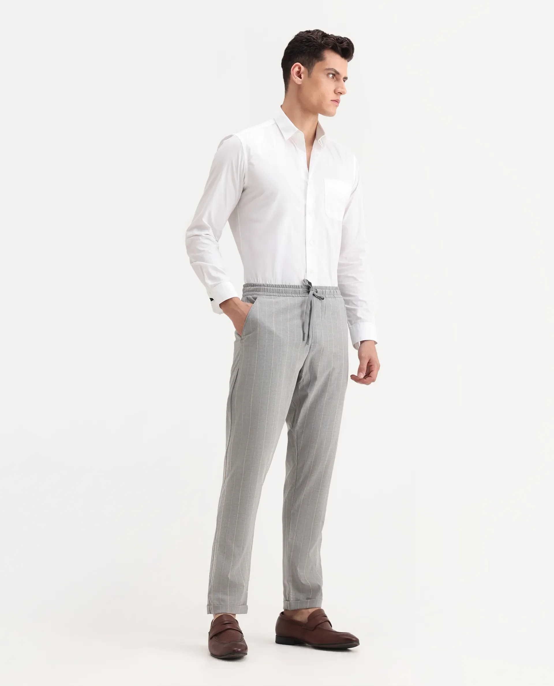 Rare Rabbit Men's Evita Grey Cotton Striped Print Regular Fit Trouser - Image 4