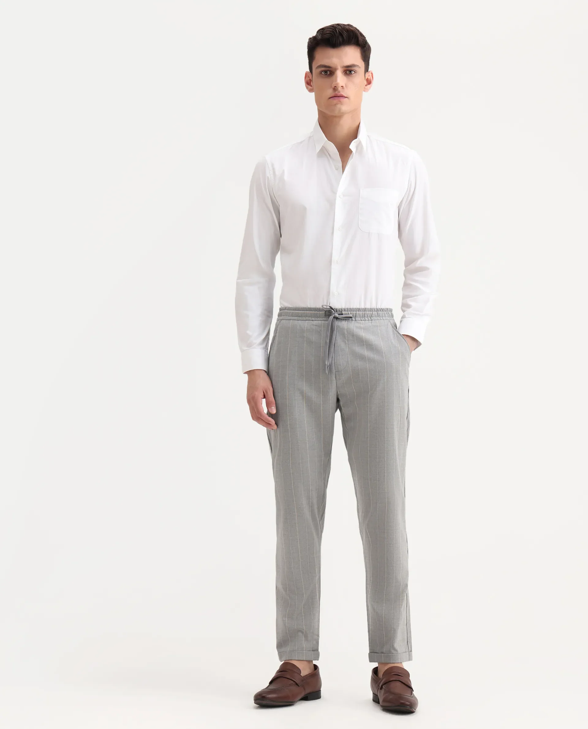 Rare Rabbit Men's Evita Grey Cotton Striped Print Regular Fit Trouser - Image 6
