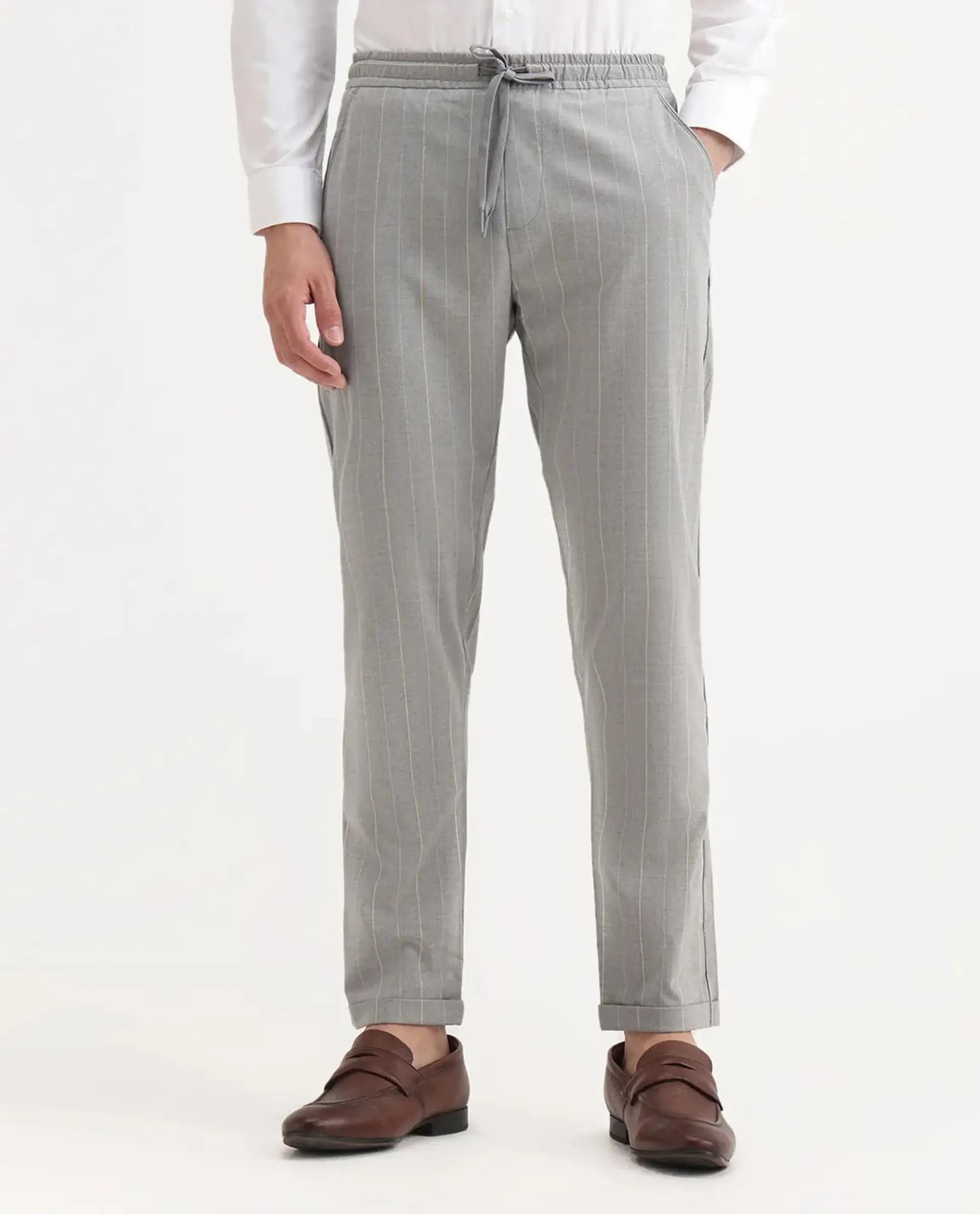 Rare Rabbit Men's Evita Grey Cotton Striped Print Regular Fit Trouser - Image 9