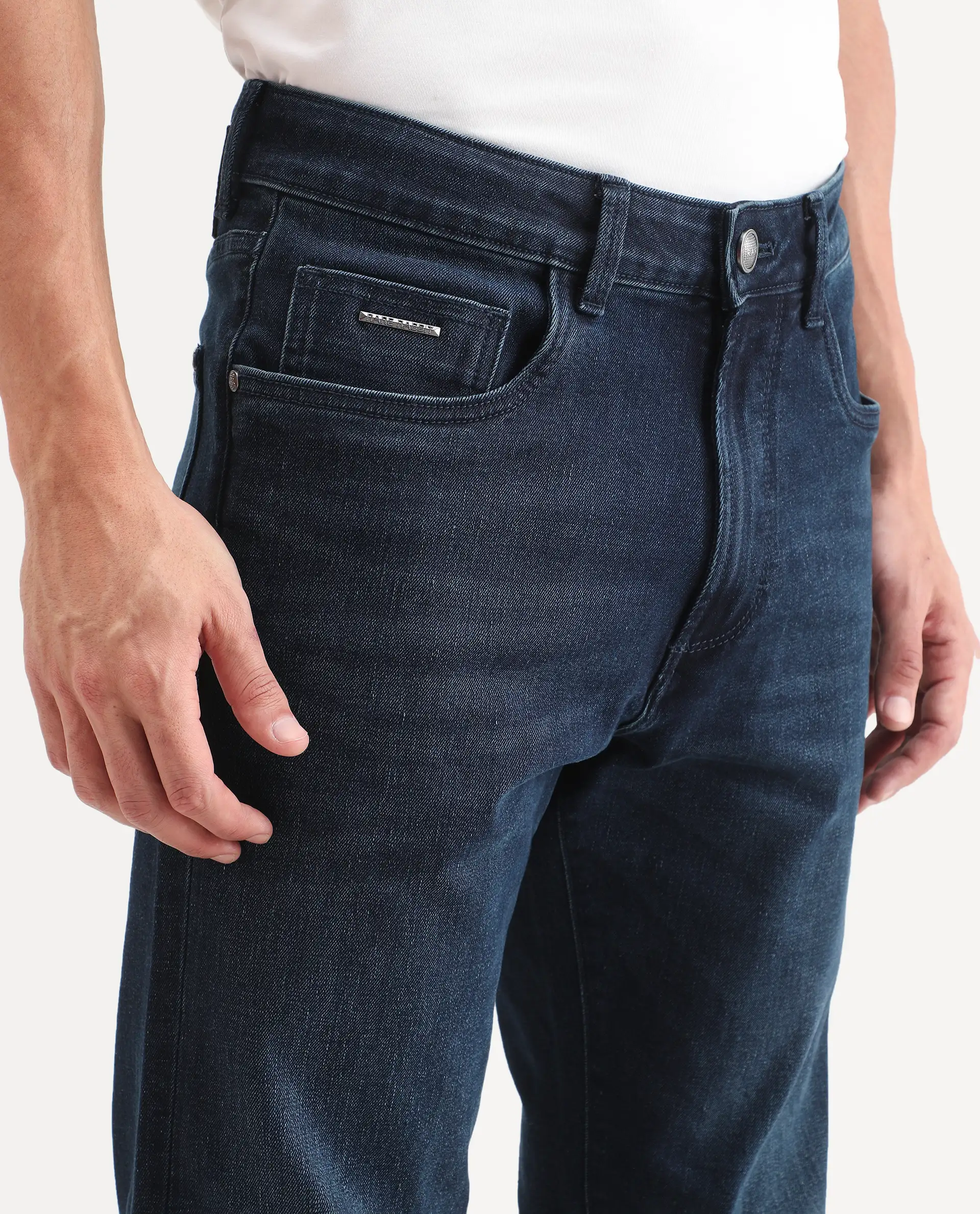 Rare Rabbit Men's Evolve 26 Dark Navy Cotton Blend Morris Regular Fit Plain Jeans - Image 3