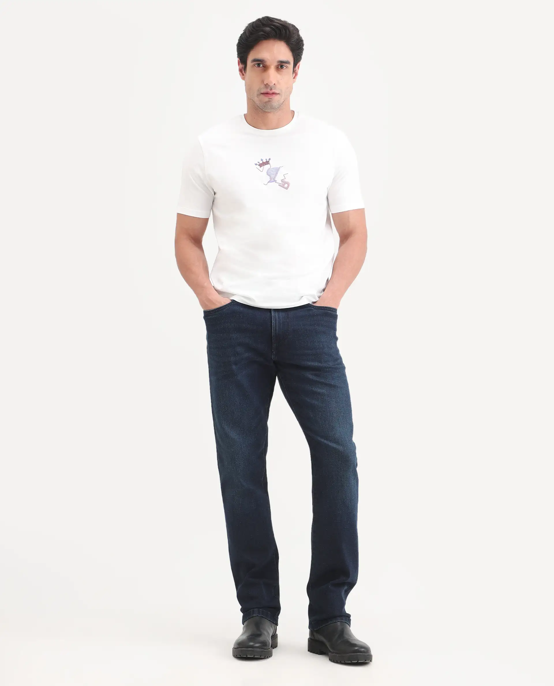 Rare Rabbit Men's Evolve 26 Dark Navy Cotton Blend Morris Regular Fit Plain Jeans - Image 4