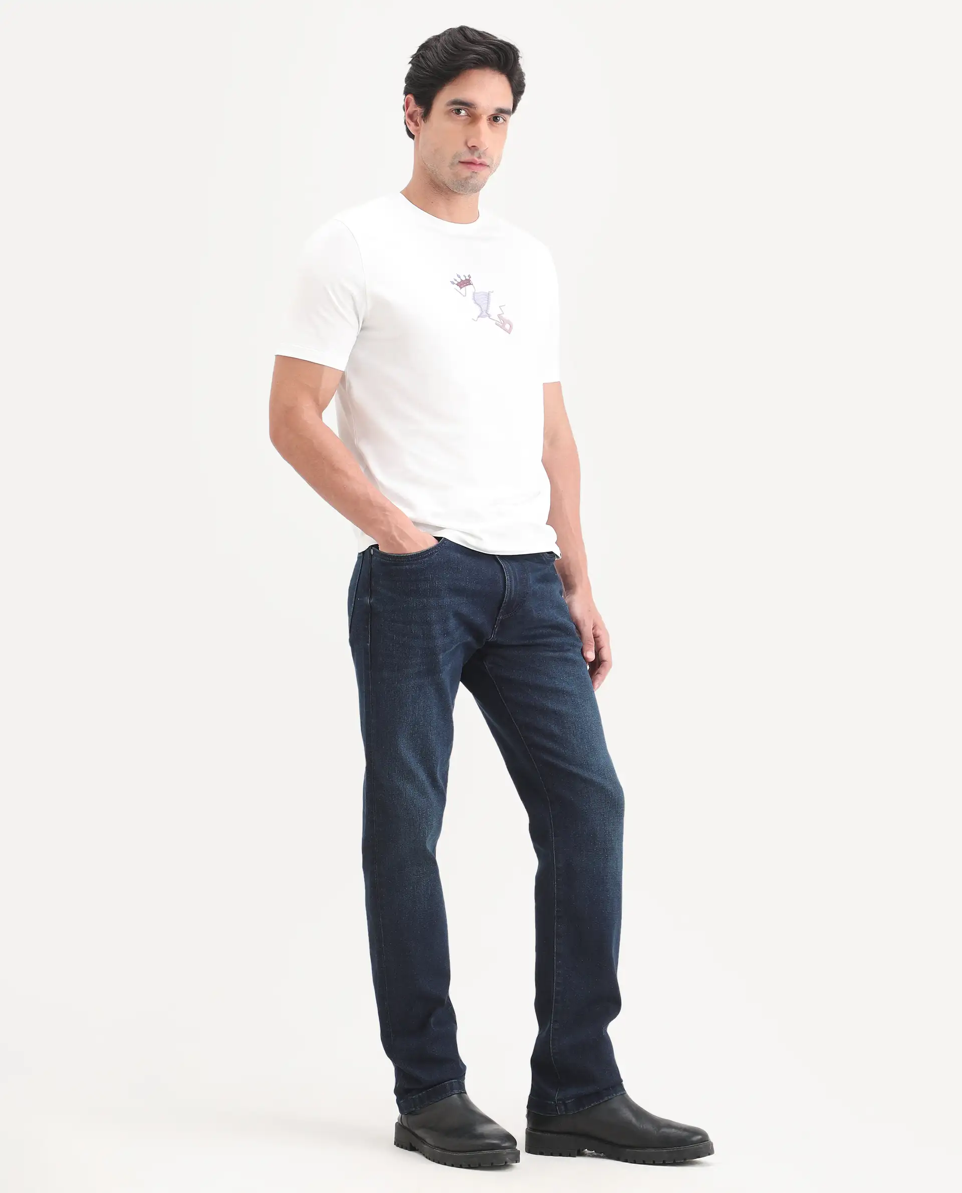 Rare Rabbit Men's Evolve 26 Dark Navy Cotton Blend Morris Regular Fit Plain Jeans - Image 5