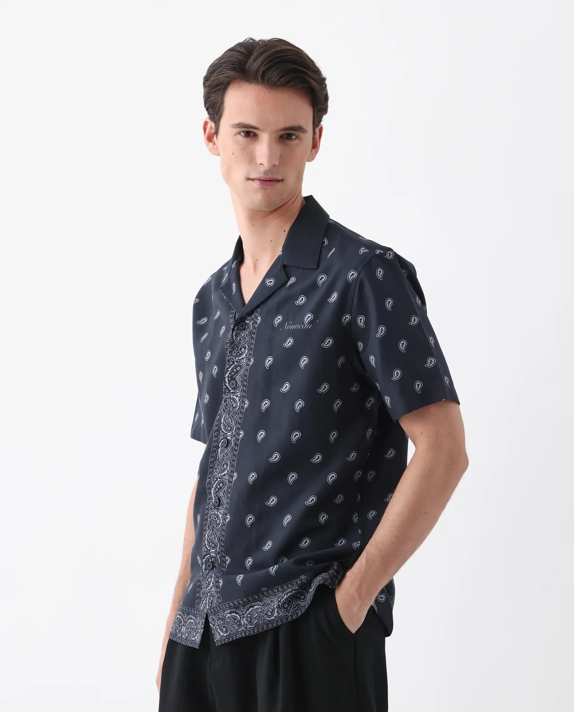 Rare Rabbit Men's Evron Navy Viscose Blend Paisley Print Boxy Fit Half Sleeve Cuban Collar Shirt - Image 2