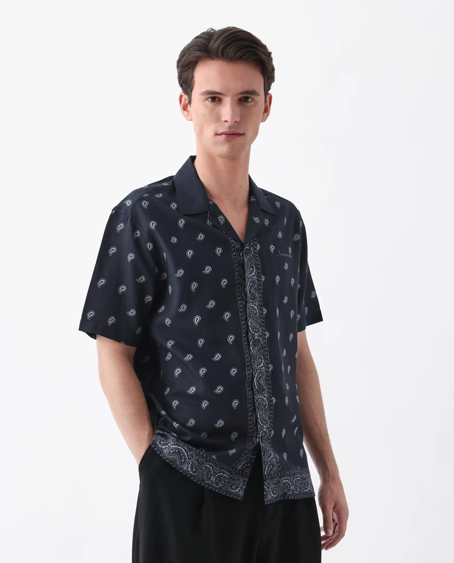 Rare Rabbit Men's Evron Navy Viscose Blend Paisley Print Boxy Fit Half Sleeve Cuban Collar Shirt - Image 3