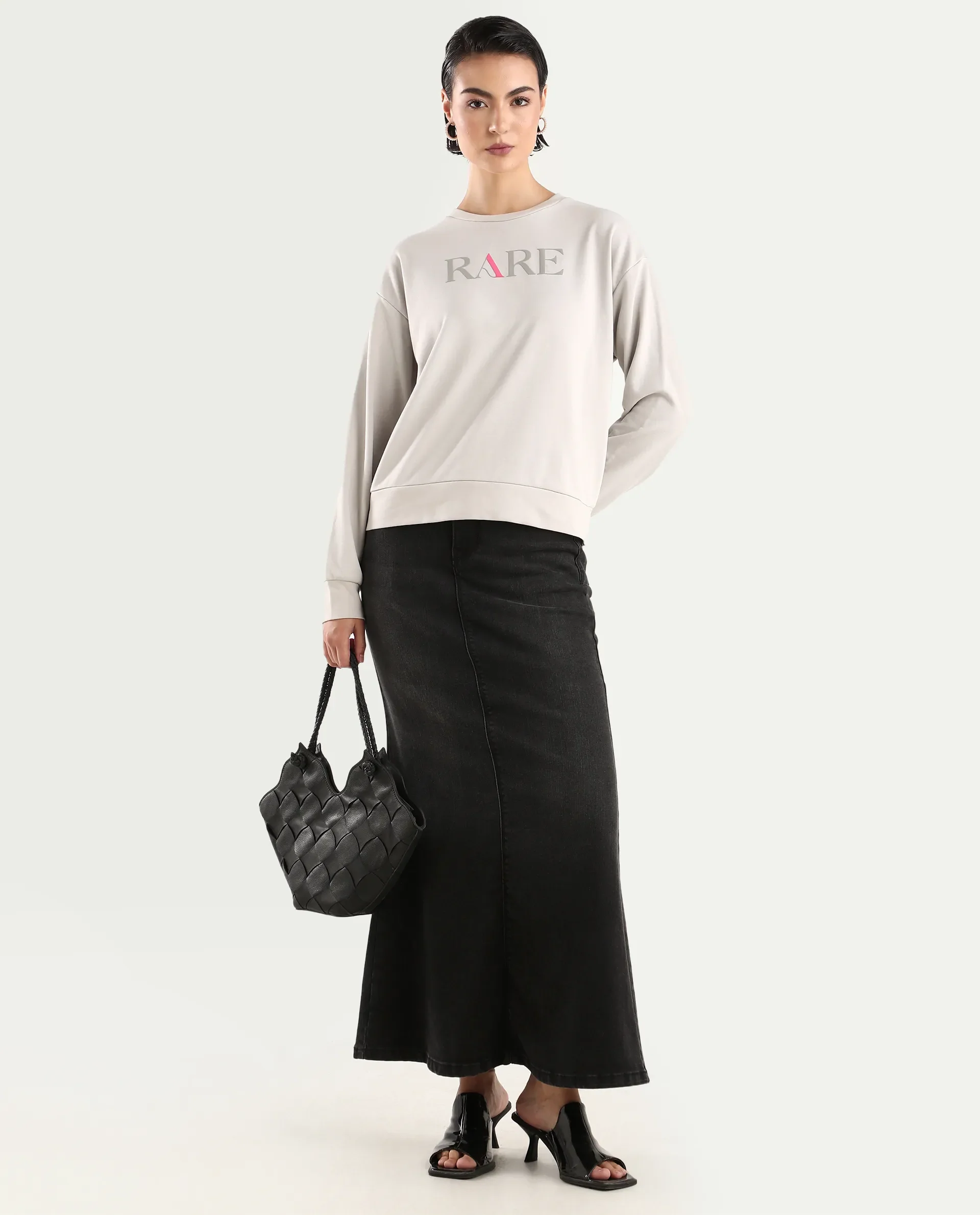 Rareism Women's Excla Light Grey Cotton Blend Crew Neck Graphic Print Regular Fit Sweatshirt - Image 2