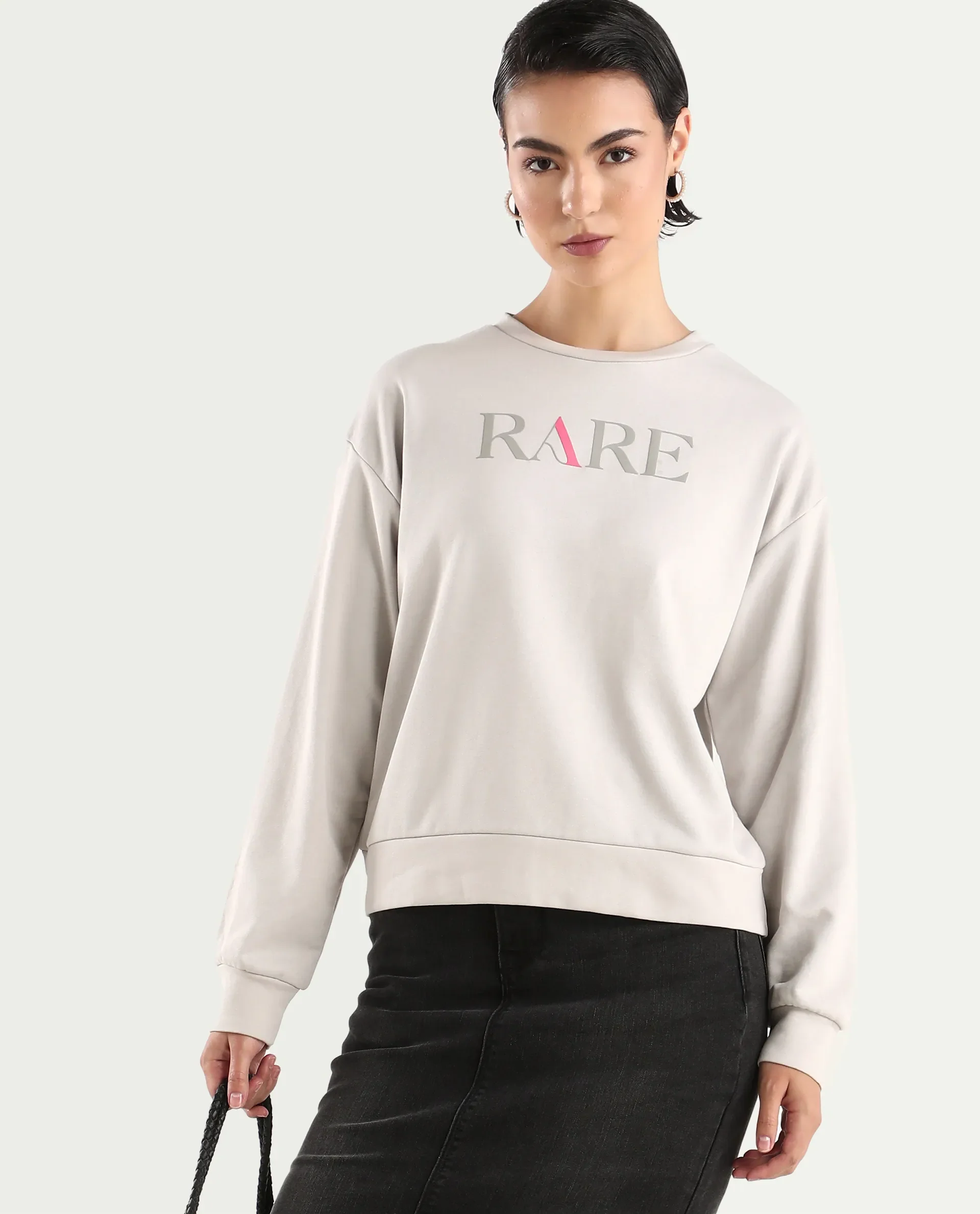 Rareism Women's Excla Light Grey Cotton Blend Crew Neck Graphic Print Regular Fit Sweatshirt - Image 3