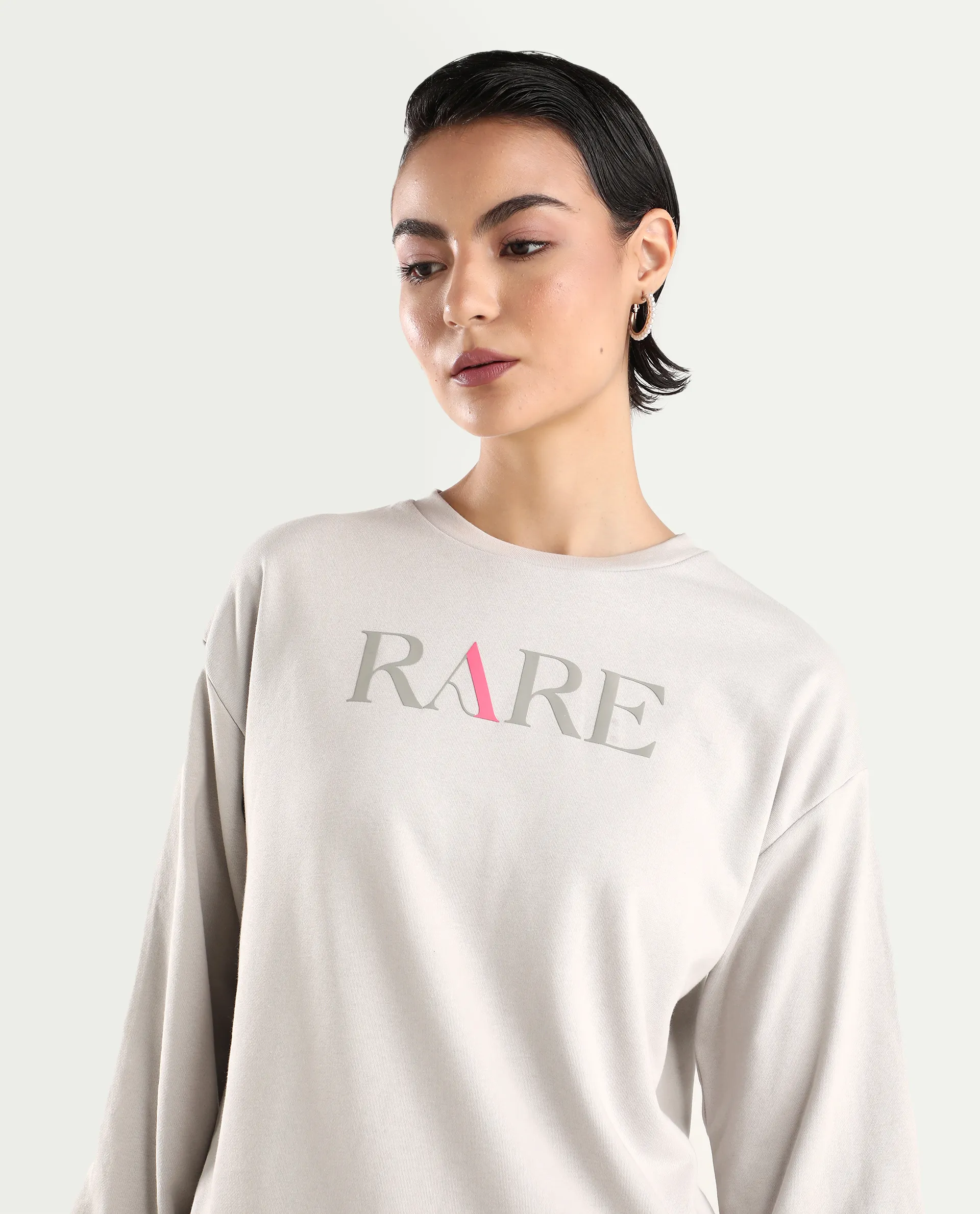 Rareism Women's Excla Light Grey Cotton Blend Crew Neck Graphic Print Regular Fit Sweatshirt - Image 4