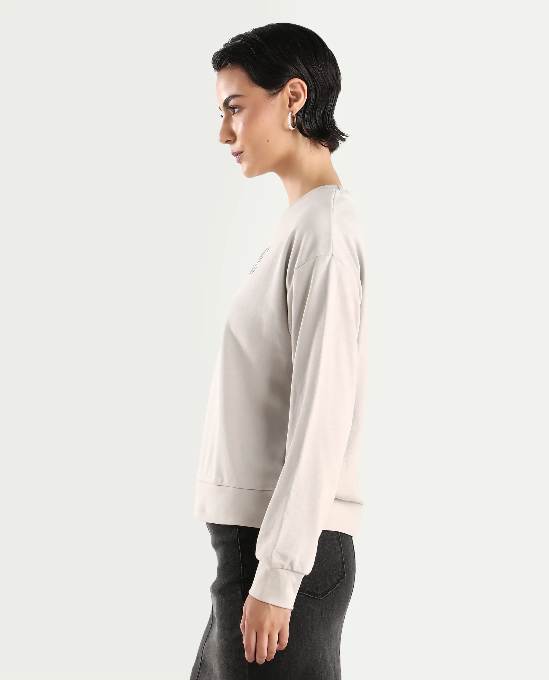 Rareism Women's Excla Light Grey Cotton Blend Crew Neck Graphic Print Regular Fit Sweatshirt - Image 5