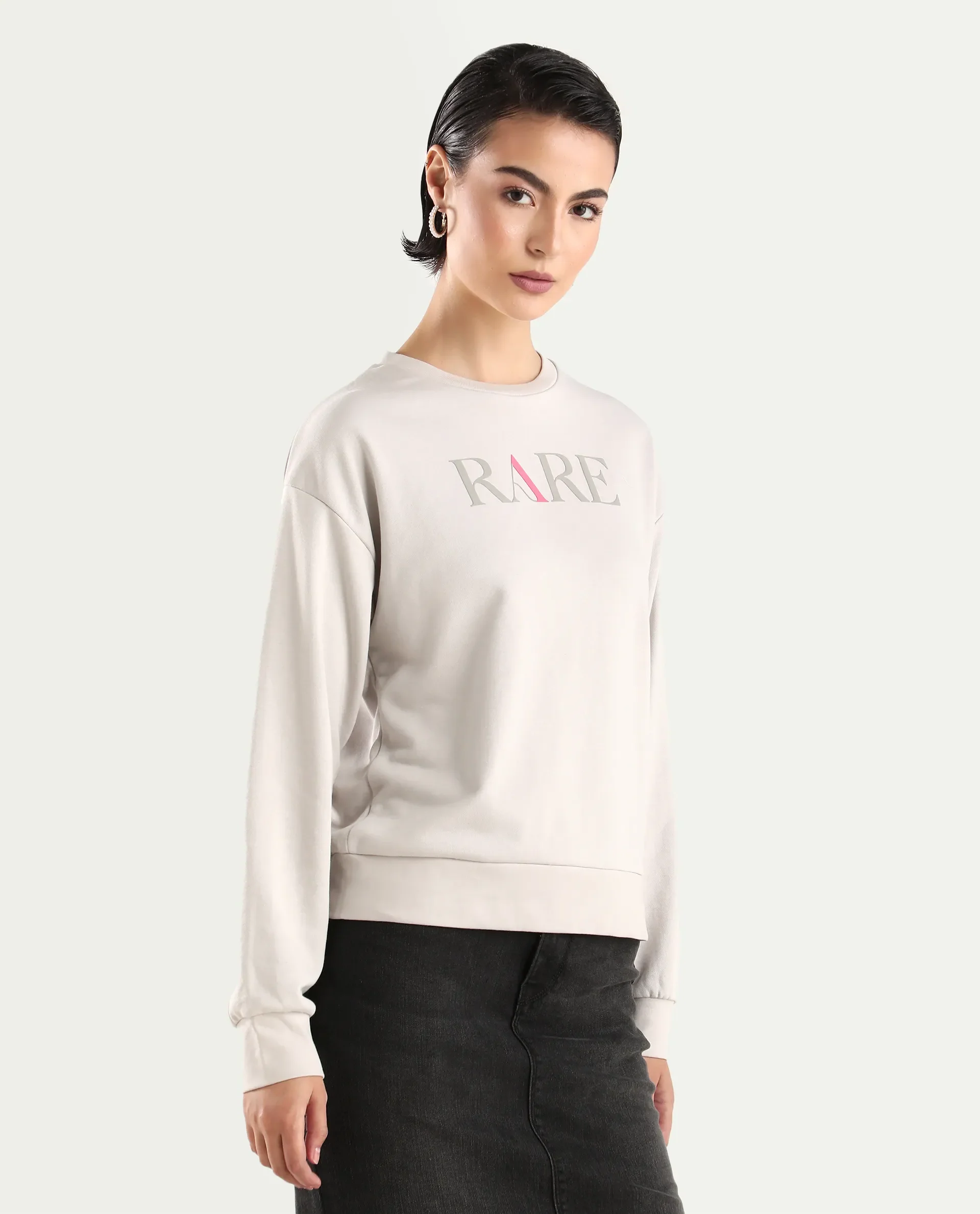 Rareism Women's Excla Light Grey Cotton Blend Crew Neck Graphic Print Regular Fit Sweatshirt - Image 6