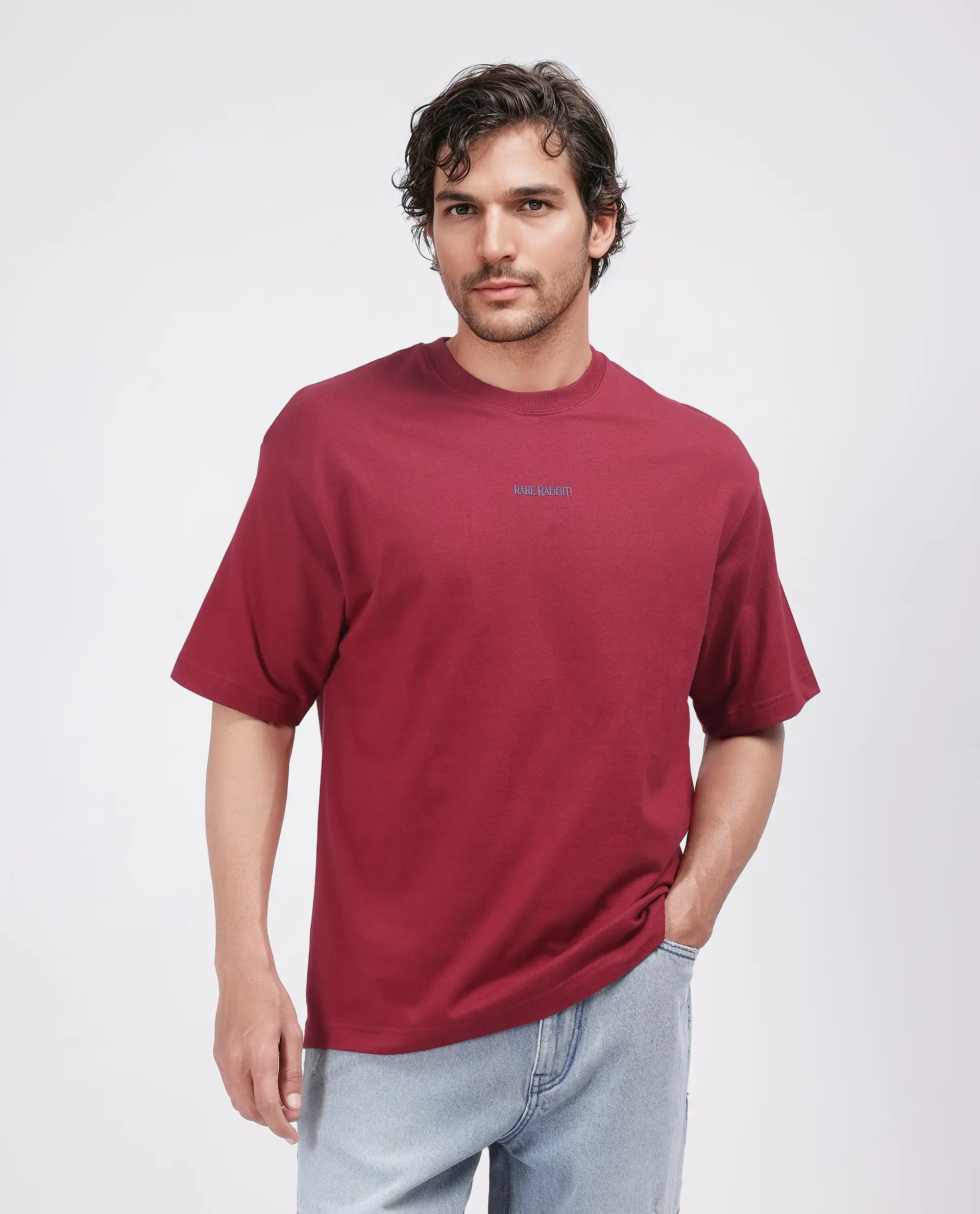 Rare Rabbit Men's Exclaim Red Cotton Blend Graphic Print Oversized Fit Half Sleeve Crew Neck T-Shirt - Image 5