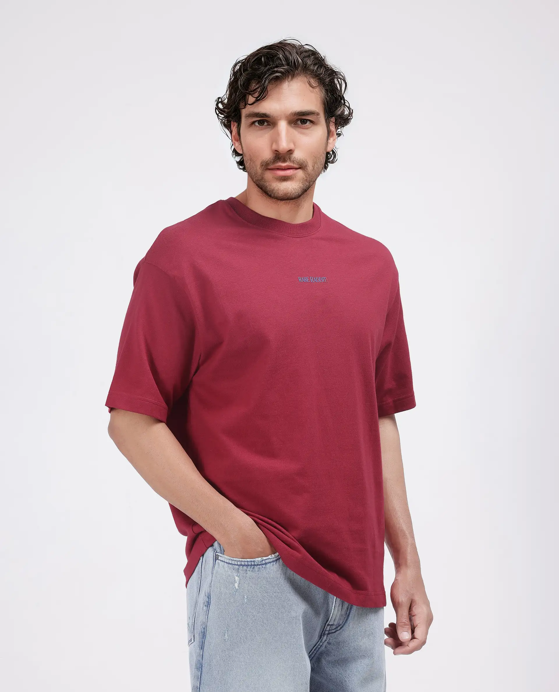 Rare Rabbit Men's Exclaim Red Cotton Blend Graphic Print Oversized Fit Half Sleeve Crew Neck T-Shirt - Image 7