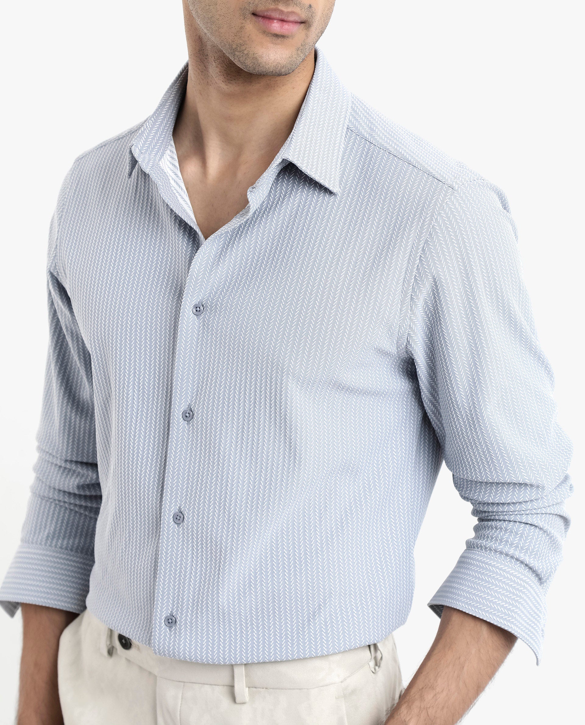 Rare Rabbit Men's Exclo Light Blue Polyester Jacquard Regular Fit Full Sleeve Collared Shirt - Image 3